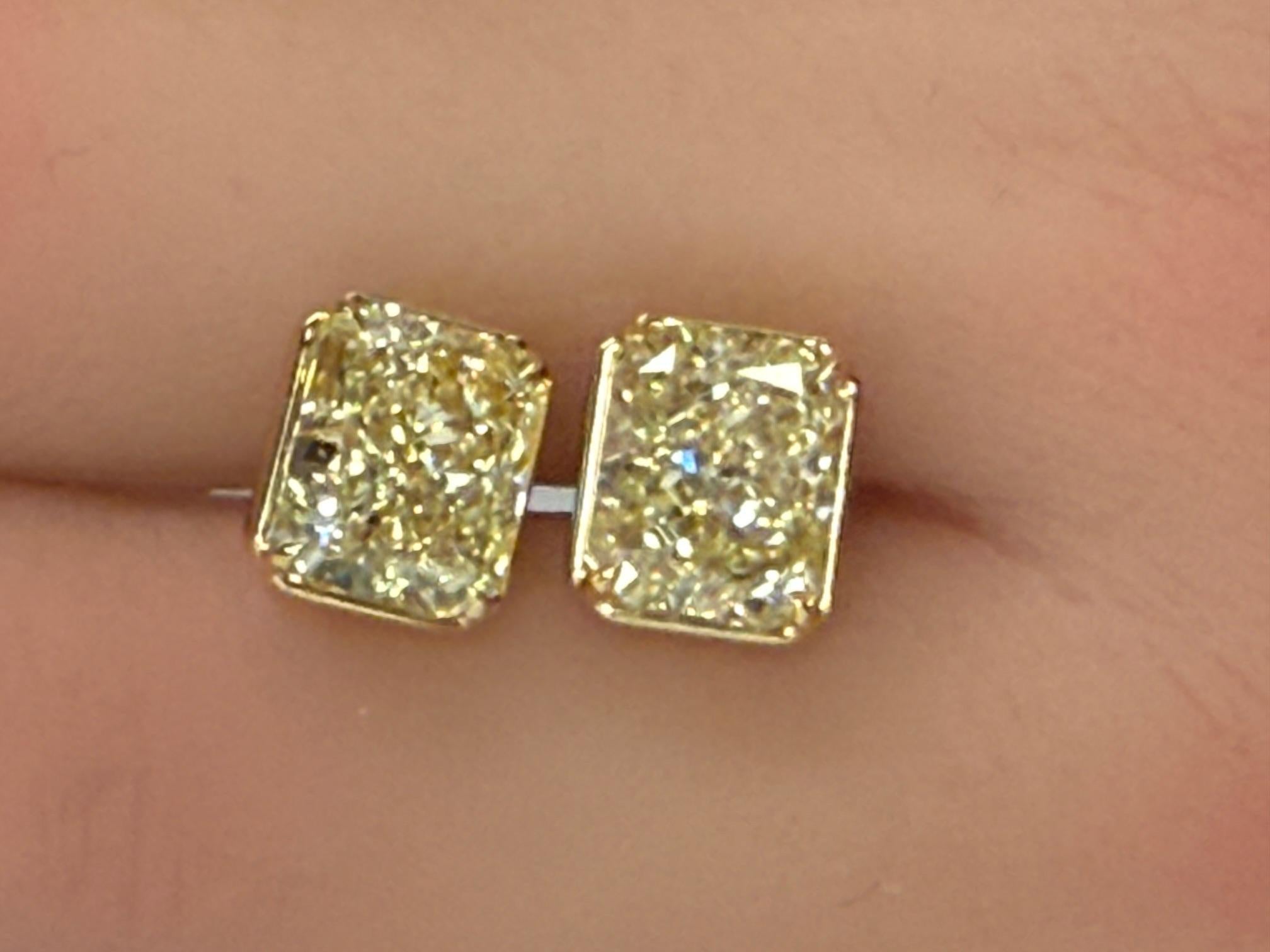 6.00ct. GIA Certified Y-Z Radiant Cut Diamond Stud Earrings in 18K Yellow Gold For Sale 3