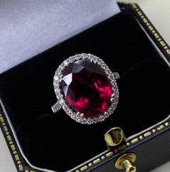 6.00ct Natural Rubellite Pink Tourmaline & Diamond 18K Gold Halo Cocktail Ring.