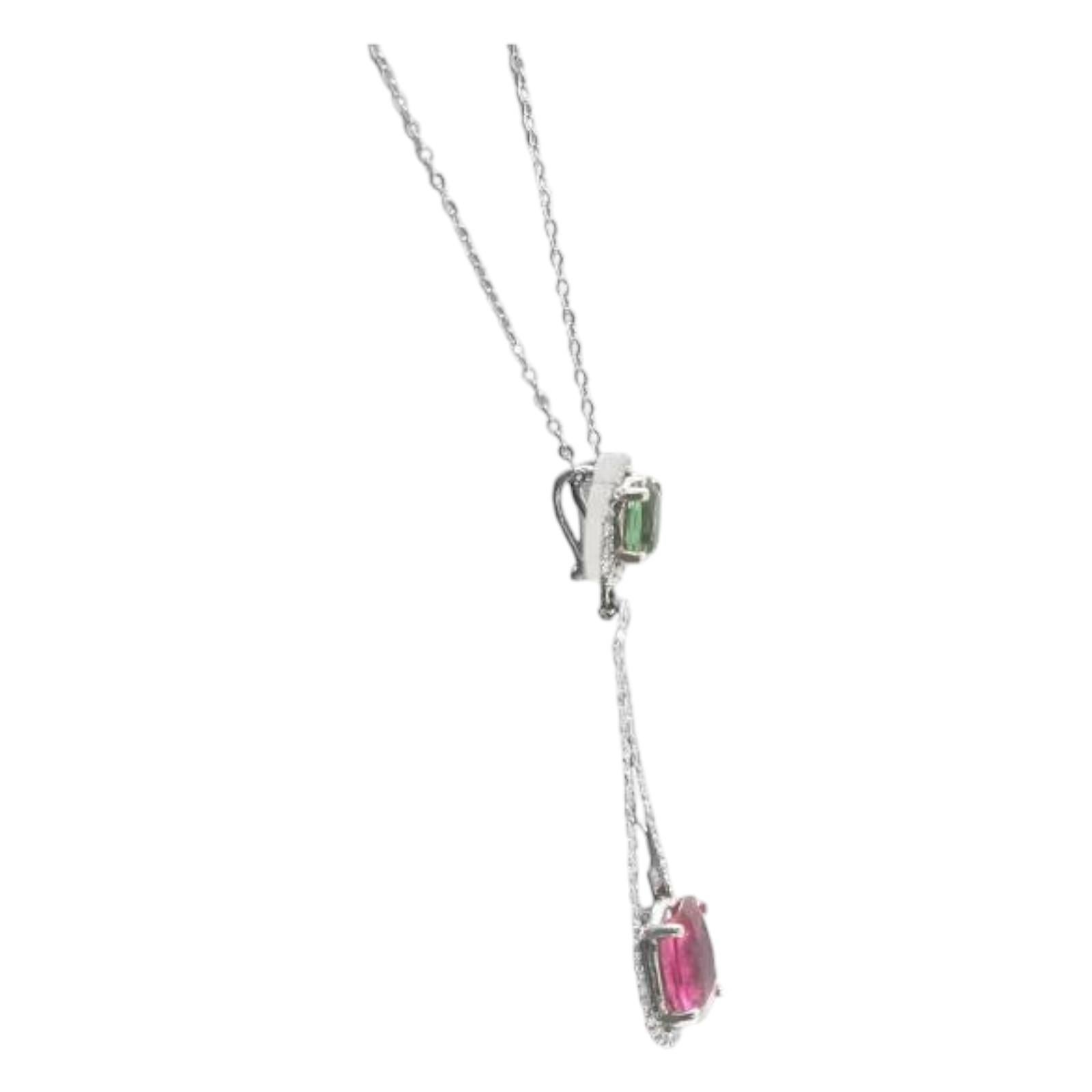 Mixed Cut 6.00Ct Natural Rubellite, Tsavorite and Diamond 14K Solid White Gold Necklace For Sale