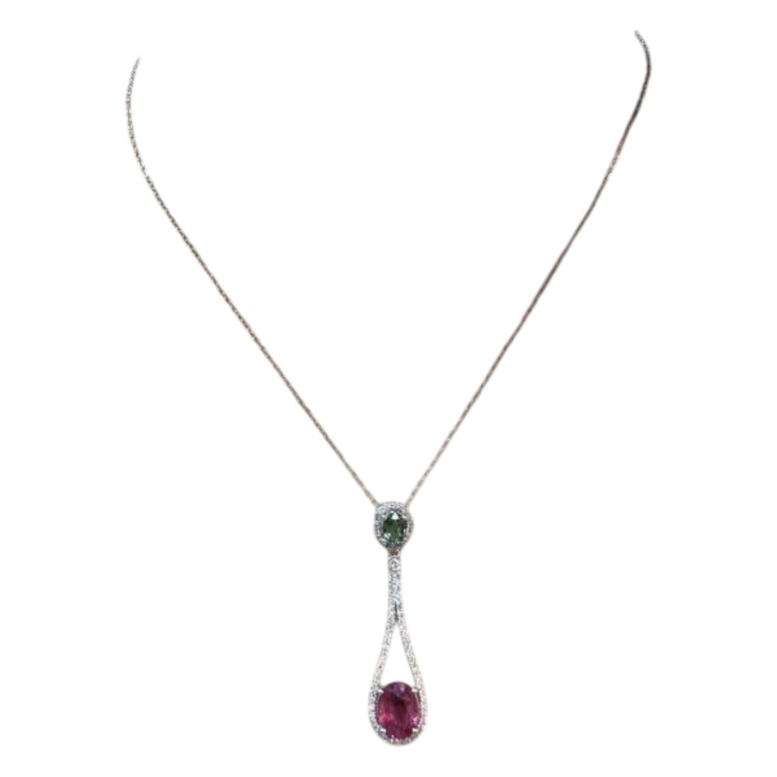 6.00Ct Natural Rubellite, Tsavorite and Diamond 14K Solid White Gold Necklace In Good Condition For Sale In Los Angeles, CA