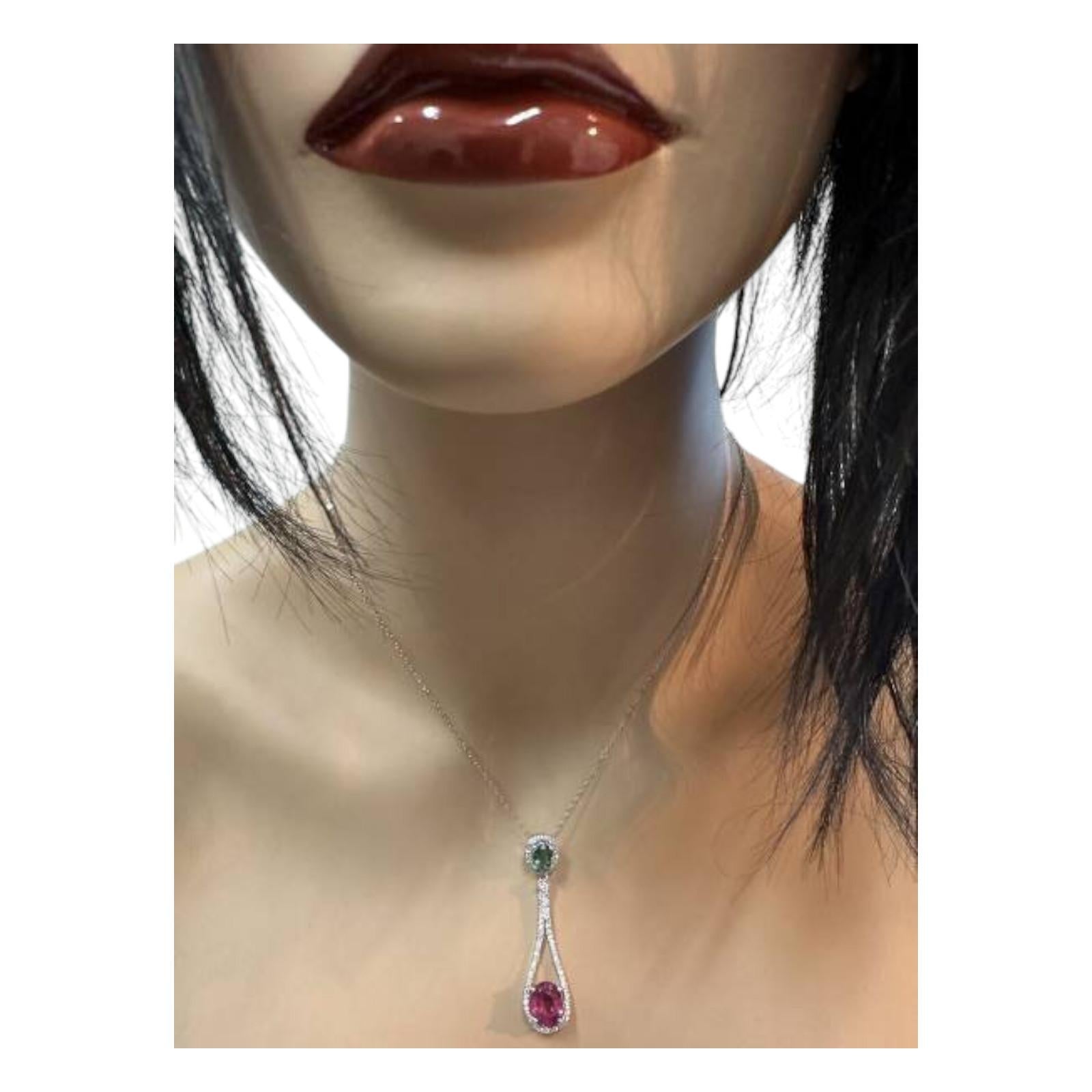Women's 6.00Ct Natural Rubellite, Tsavorite and Diamond 14K Solid White Gold Necklace For Sale