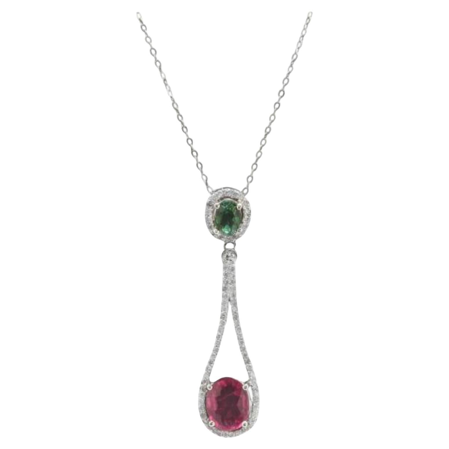 6.00Ct Natural Rubellite, Tsavorite and Diamond 14K Solid White Gold Necklace
