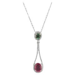 6.00Ct Natural Rubellite, Tsavorite and Diamond 14K Solid White Gold Necklace