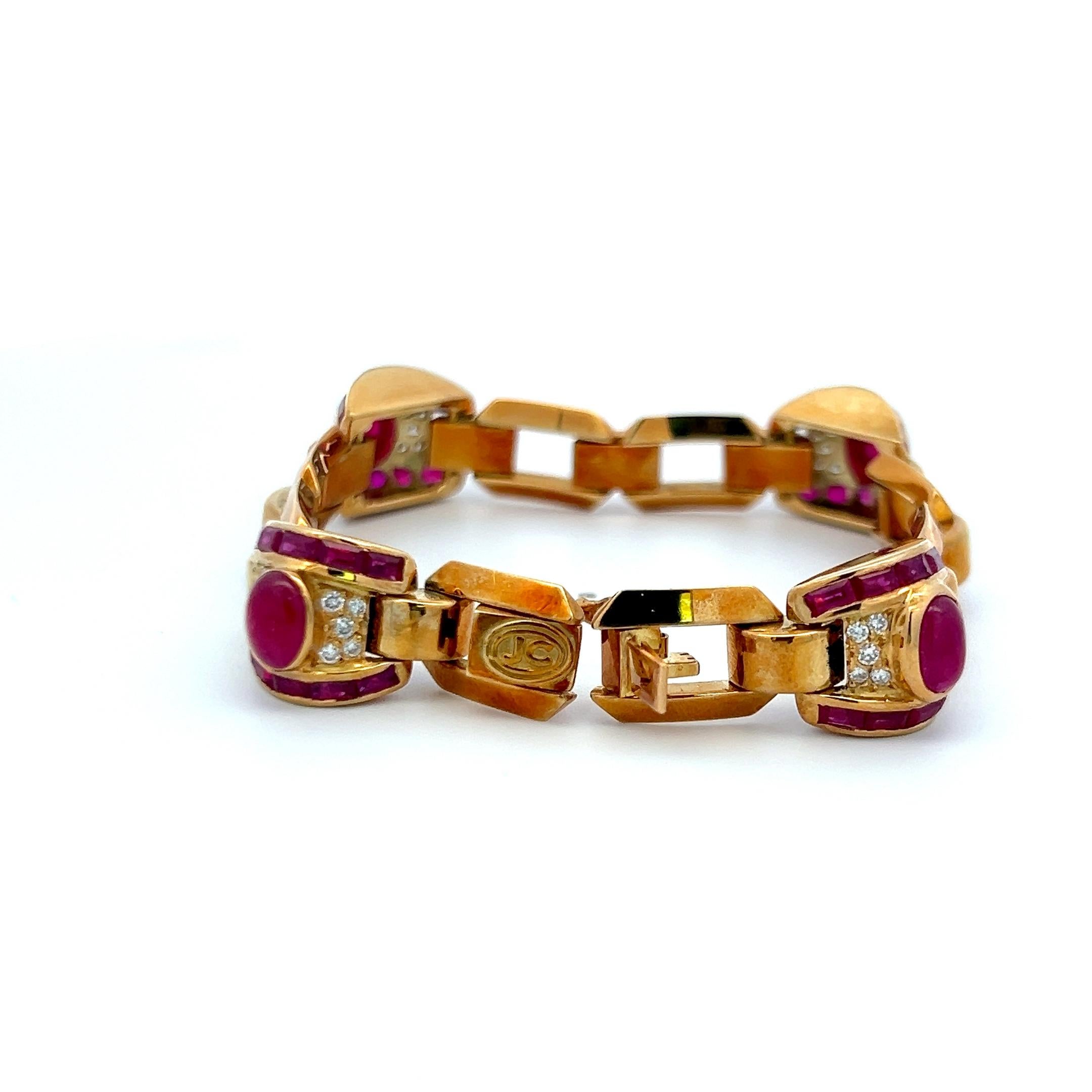 Baguette Cut 6.00ct Ruby & 0.40ct Diamond Link Bracelet in 18K Yellow Gold (G VS) For Sale