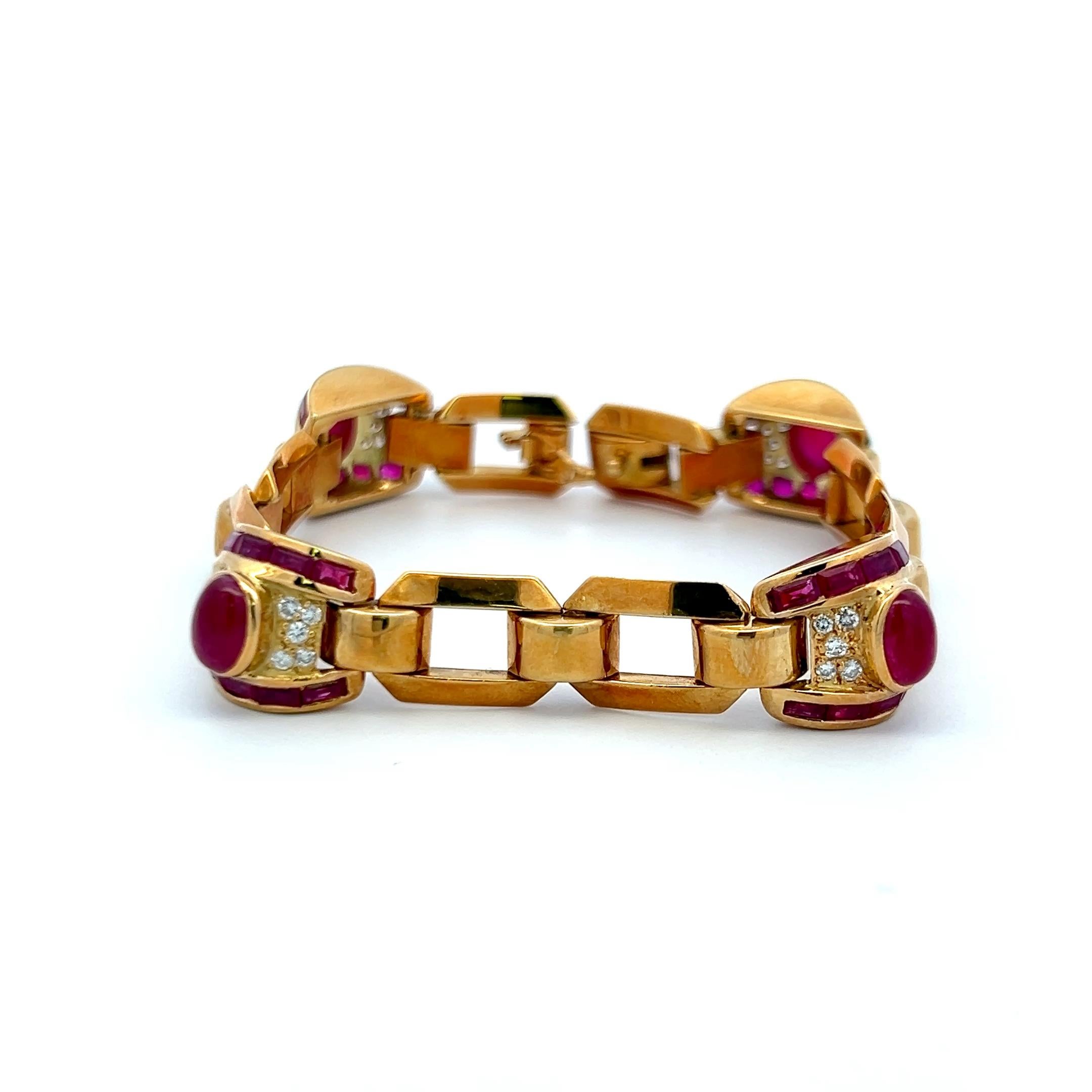 Women's 6.00ct Ruby & 0.40ct Diamond Link Bracelet in 18K Yellow Gold (G VS) For Sale