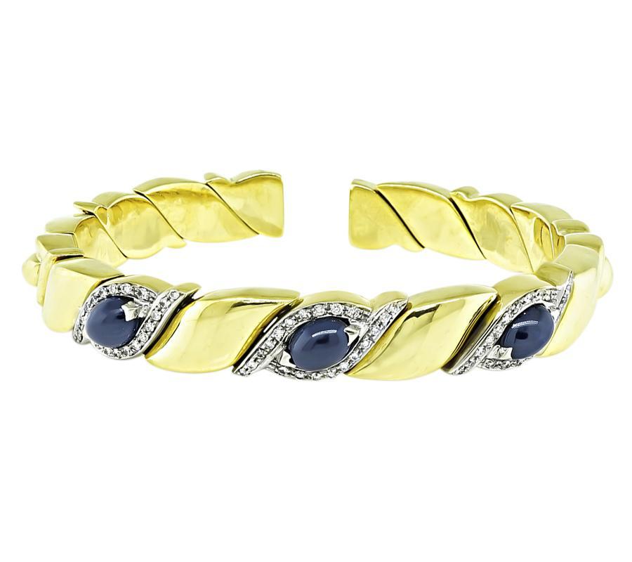 Cabochon 6.00ct Sapphire 0.30ct Diamond Gold Bangle