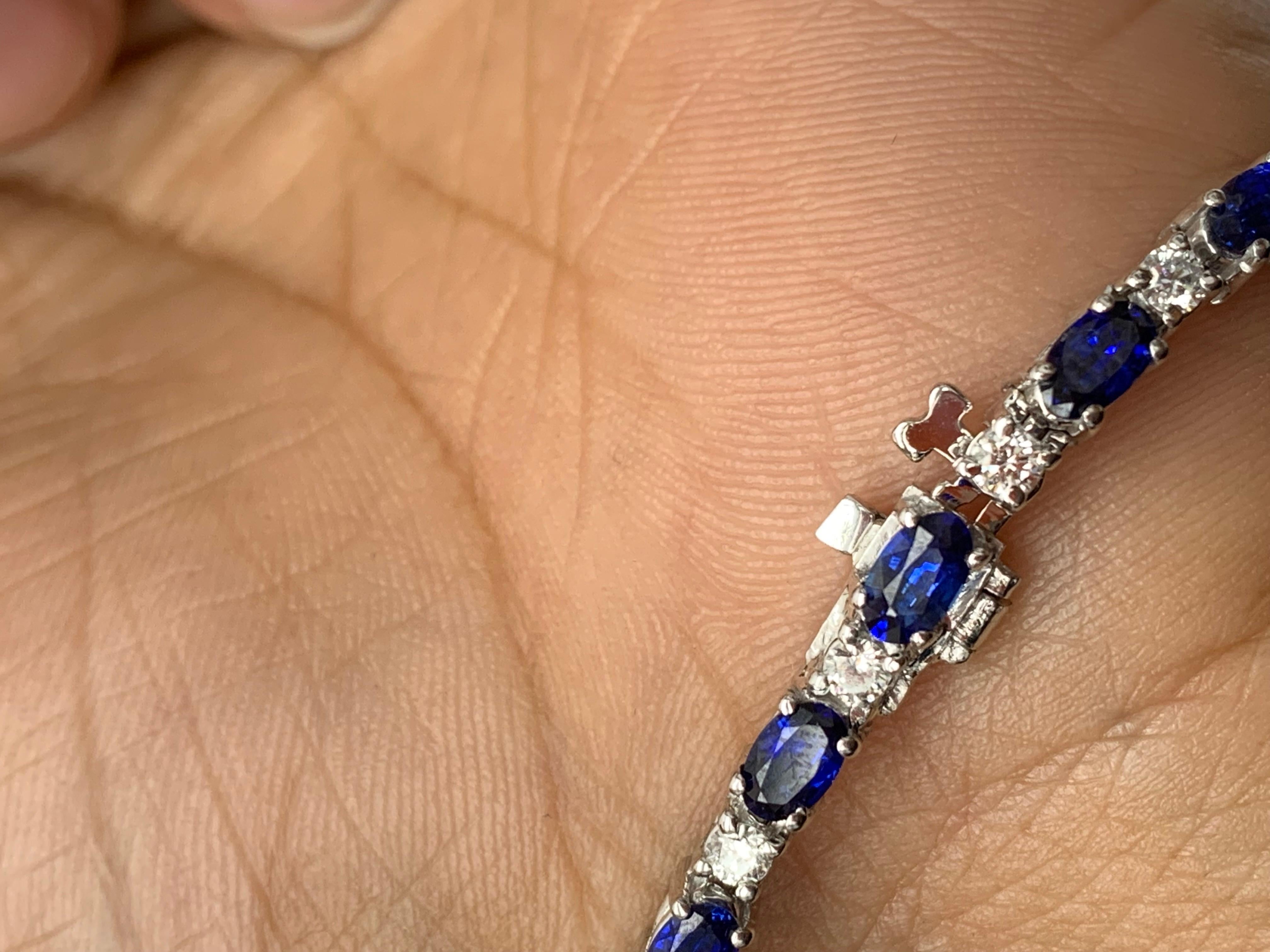 6.01 Carat Blue Sapphire and Diamond Tennis Bracelet in 14K White Gold For Sale 4