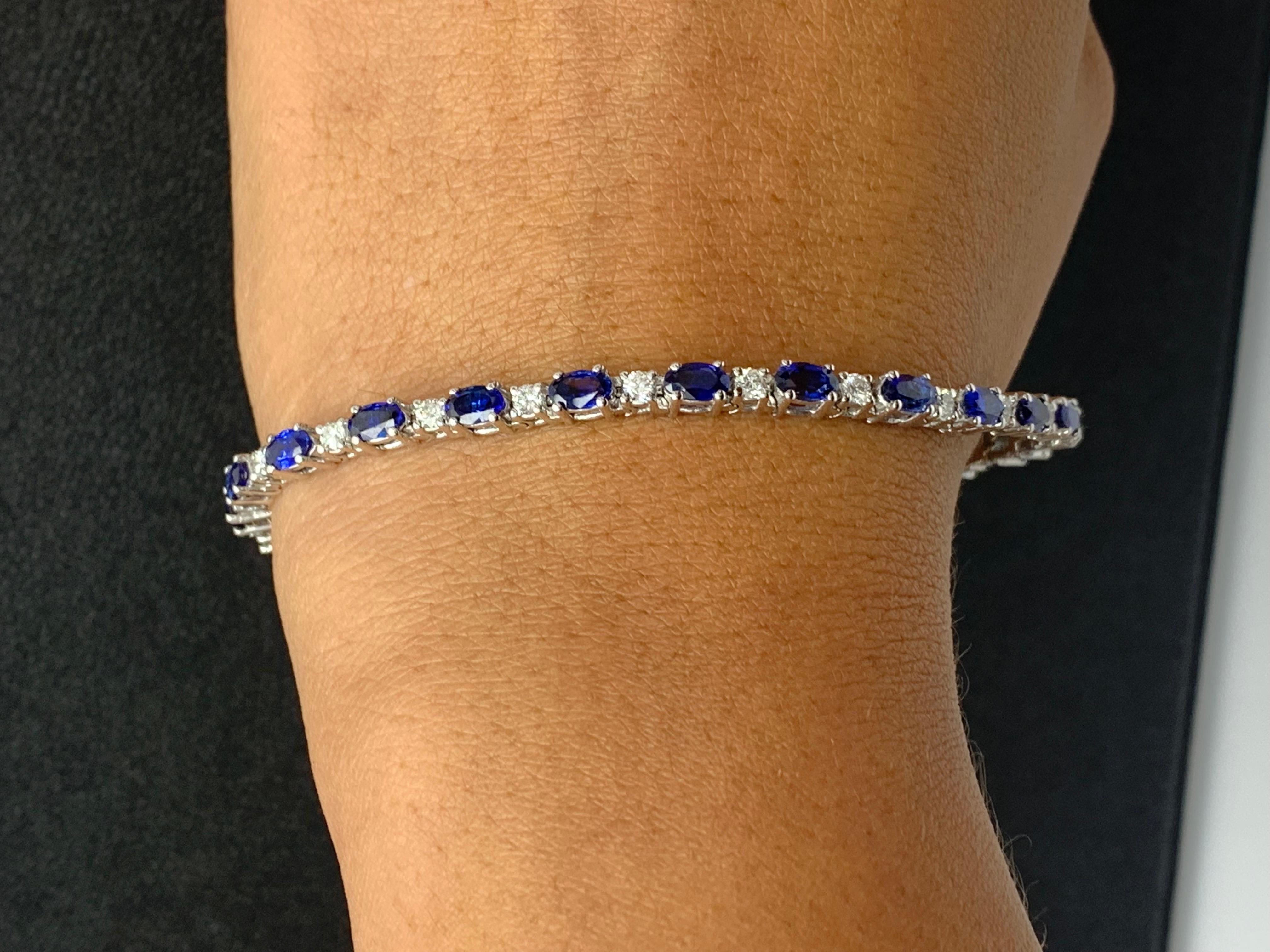 6.01 Carat Blue Sapphire and Diamond Tennis Bracelet in 14K White Gold For Sale 5
