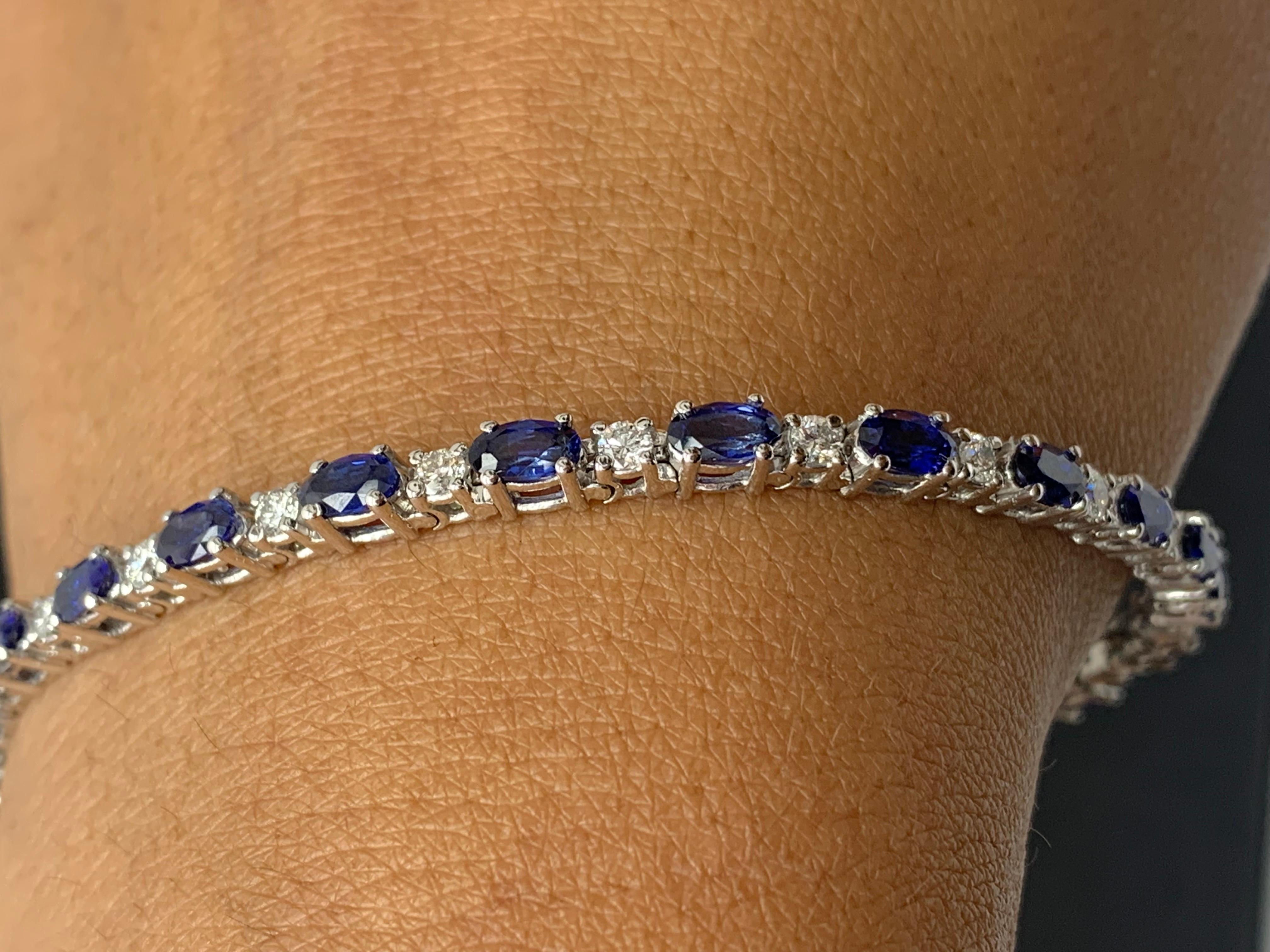 6.01 Carat Blue Sapphire and Diamond Tennis Bracelet in 14K White Gold For Sale 7