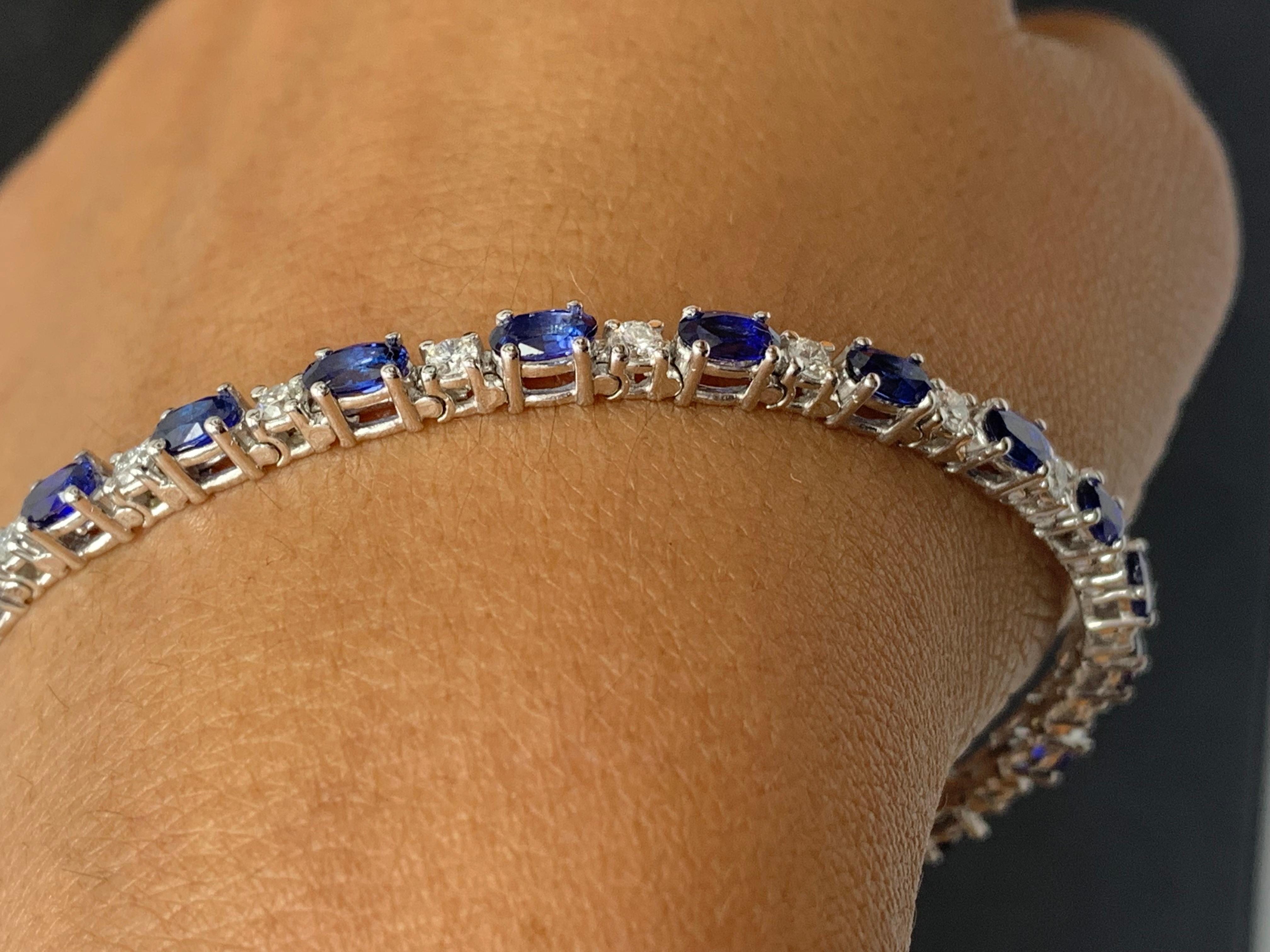 6.01 Carat Blue Sapphire and Diamond Tennis Bracelet in 14K White Gold For Sale 2