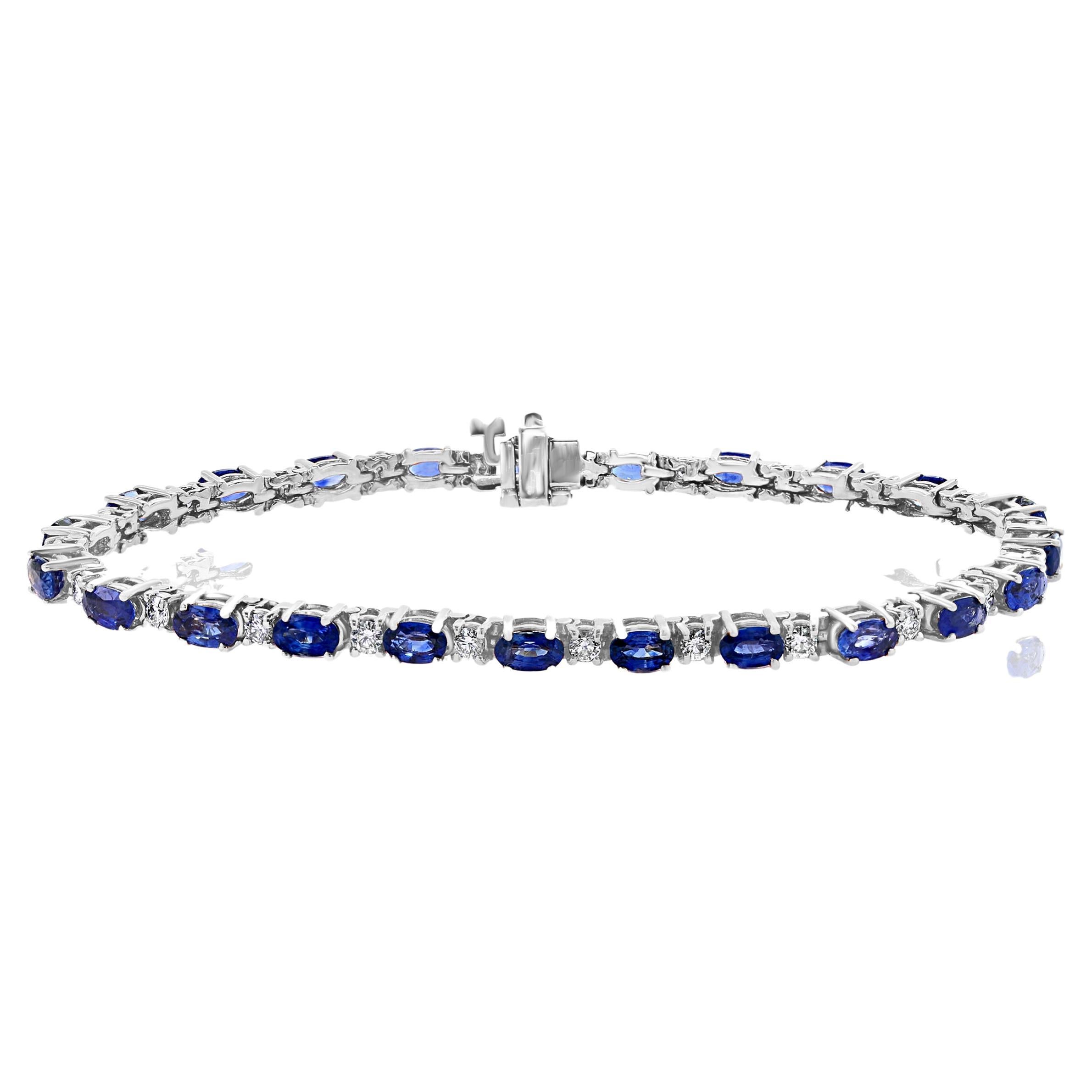 6.01 Carat Blue Sapphire and Diamond Tennis Bracelet in 14K White Gold For Sale