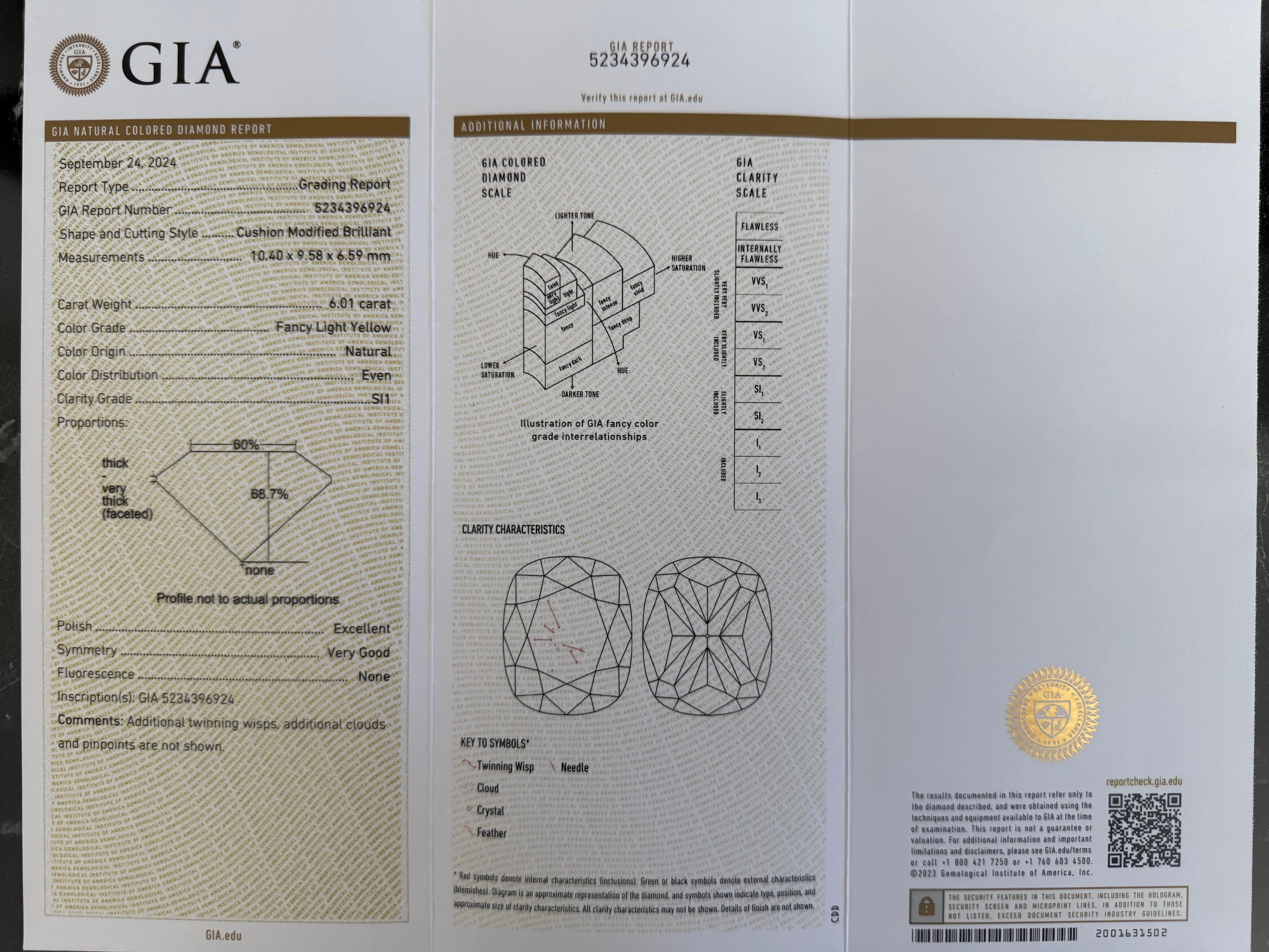 Bague diamant taille coussin de 6,01 carats certifié par le GIA, de couleur naturelle jaune clair fantaisie en vente 1