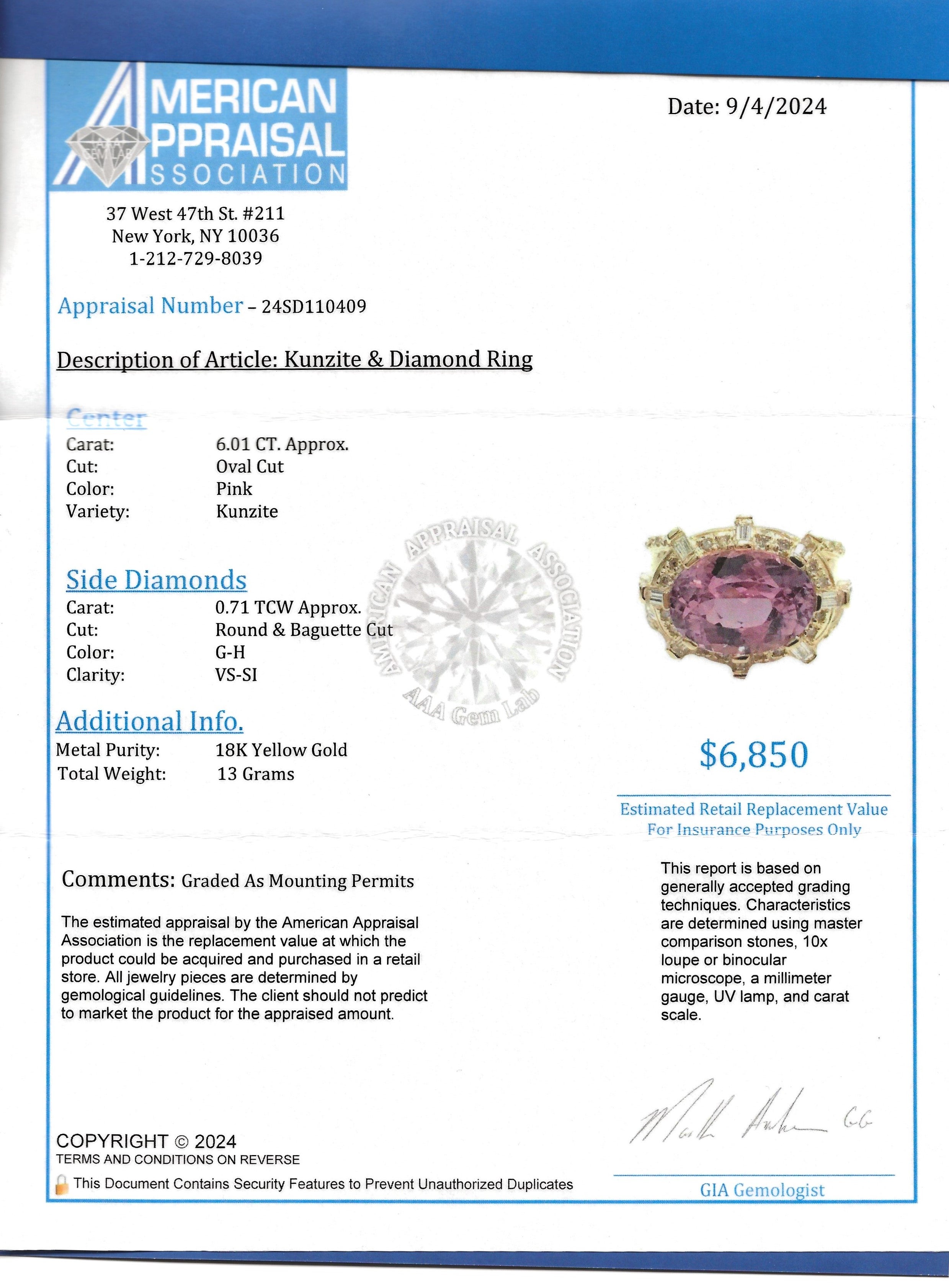 6.01 Carat Oval Pink Kunzite Cocktail Ring with Diamonds in 18 Karat Yellow Gold For Sale 6