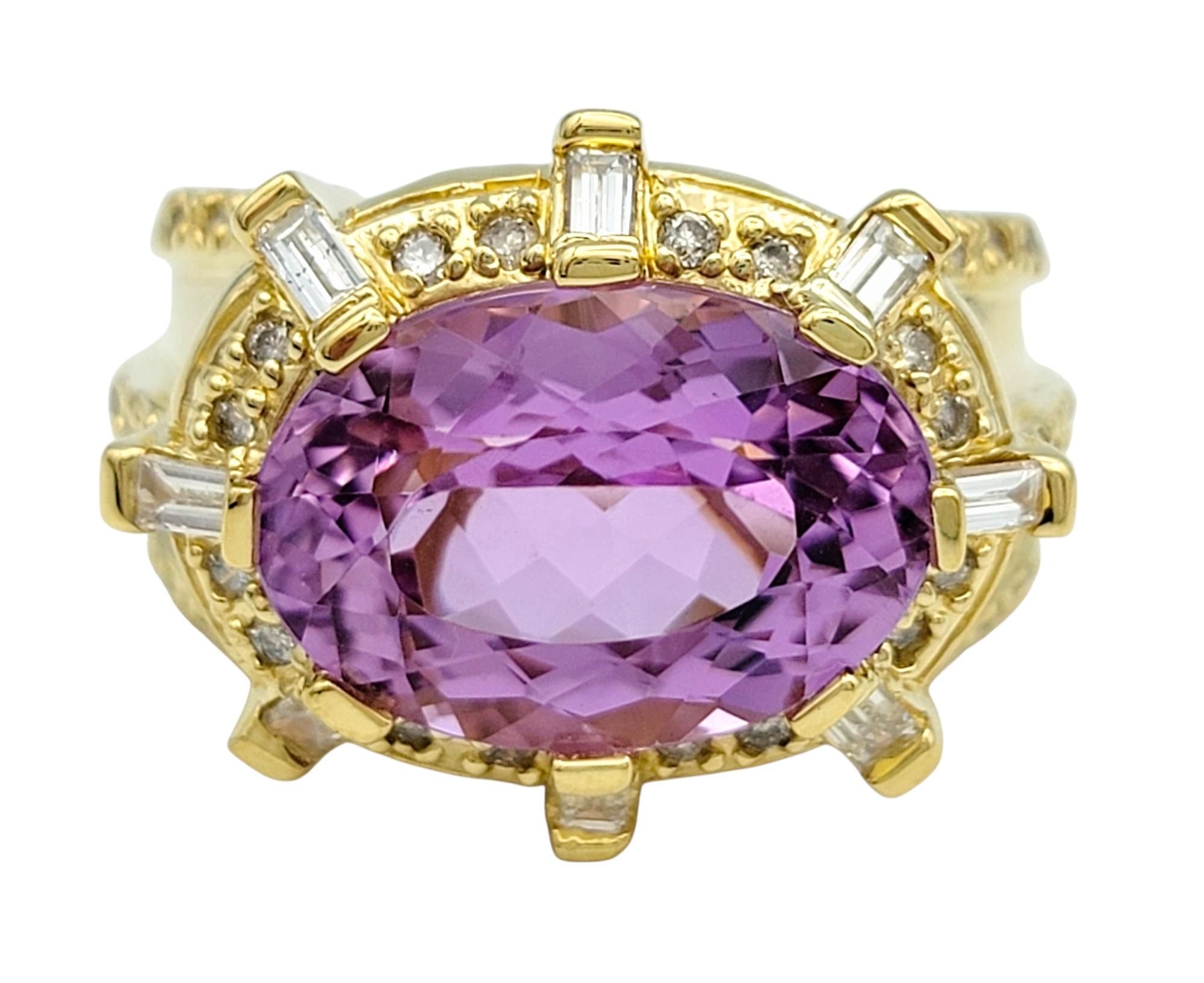 Ring Size: 7 

Experience pure romance with this breathtaking oval cut pink kunzite cocktail ring, a piece that exudes elegance and charm in radiant 18 karat yellow gold. At its heart lies a captivating kunzite gemstone, cut in a graceful oval shape