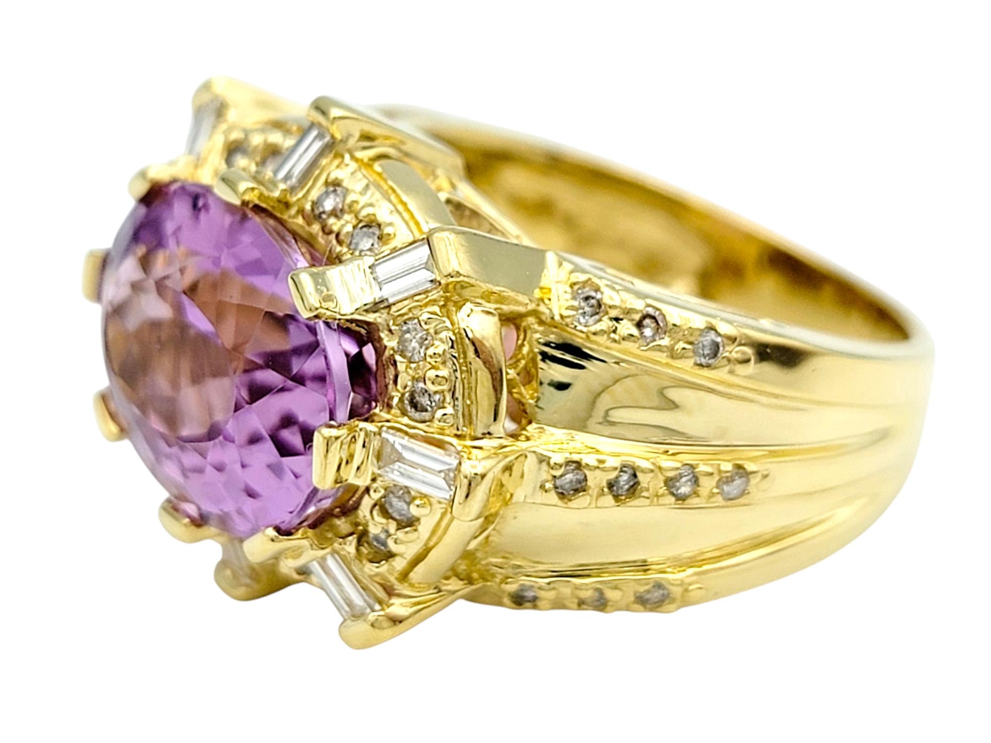 Oval Cut 6.01 Carat Oval Pink Kunzite Cocktail Ring with Diamonds in 18 Karat Yellow Gold For Sale