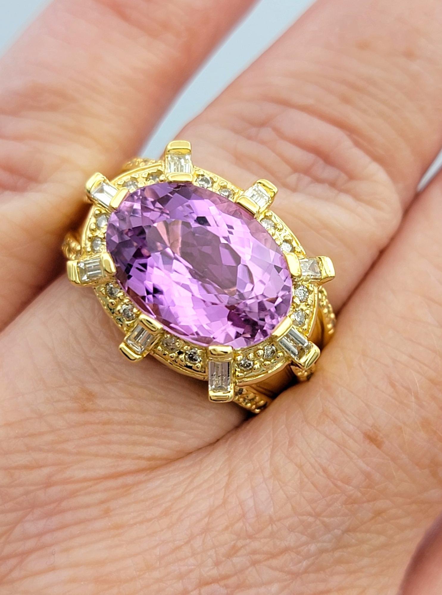 6.01 Carat Oval Pink Kunzite Cocktail Ring with Diamonds in 18 Karat Yellow Gold For Sale 3