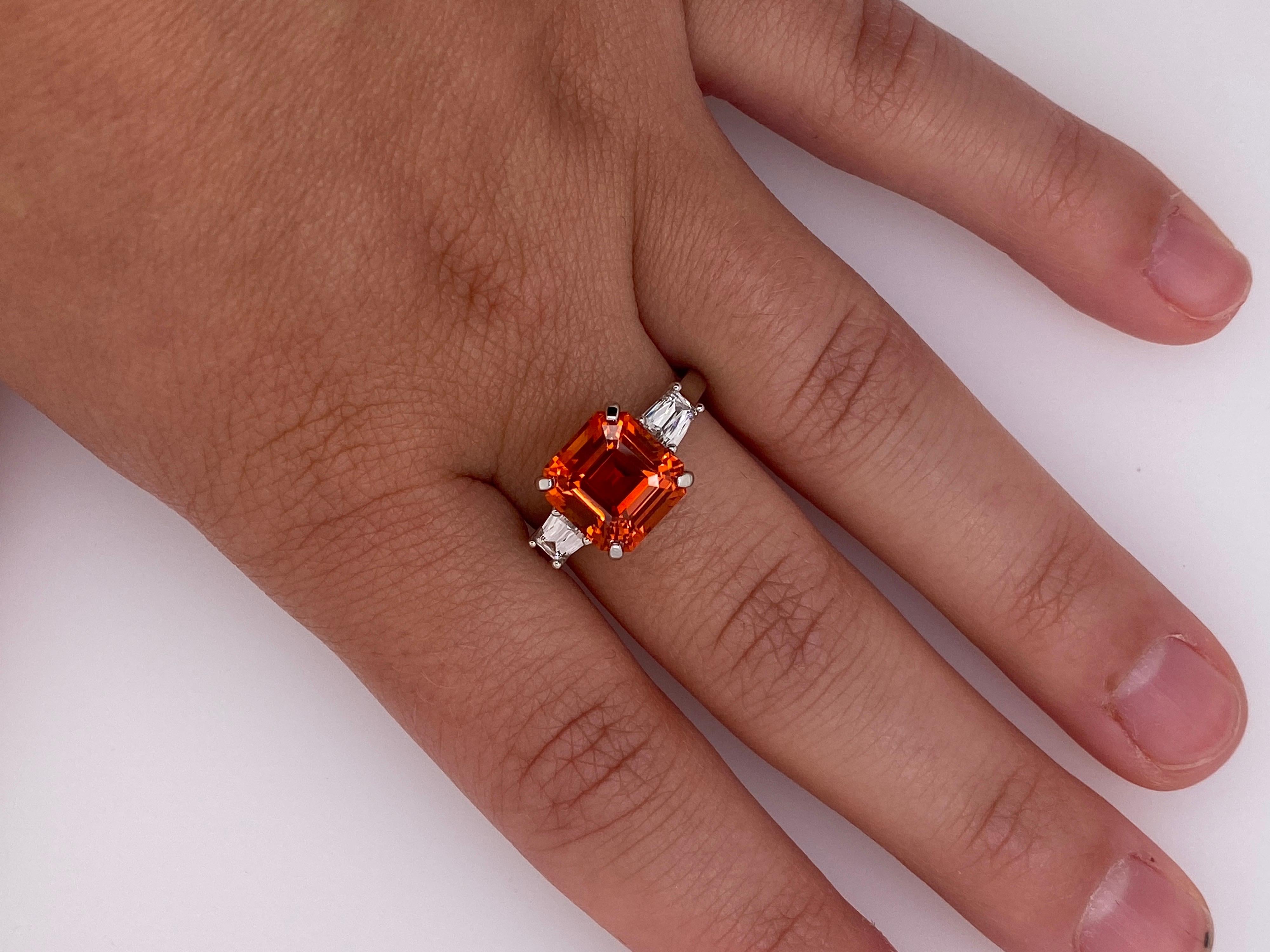 Contemporary 6.01 Carat Square Emerald Cut Orange Sapphire and Diamond Ring For Sale