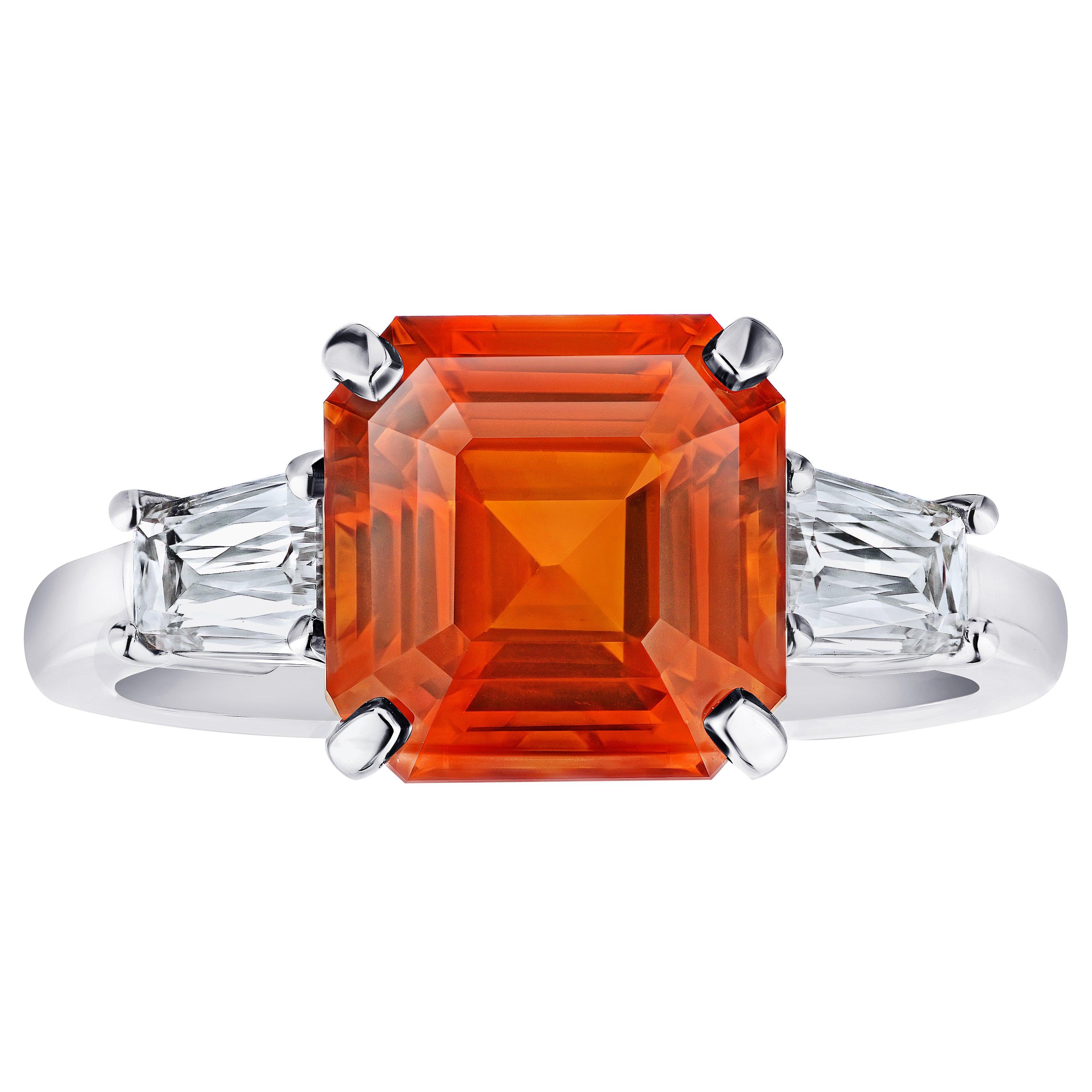 6.01 Carat Square Emerald Cut Orange Sapphire and Diamond Ring For Sale