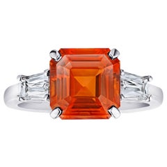 Used 6.01 Carat Square Emerald Cut Orange Sapphire and Diamond Ring