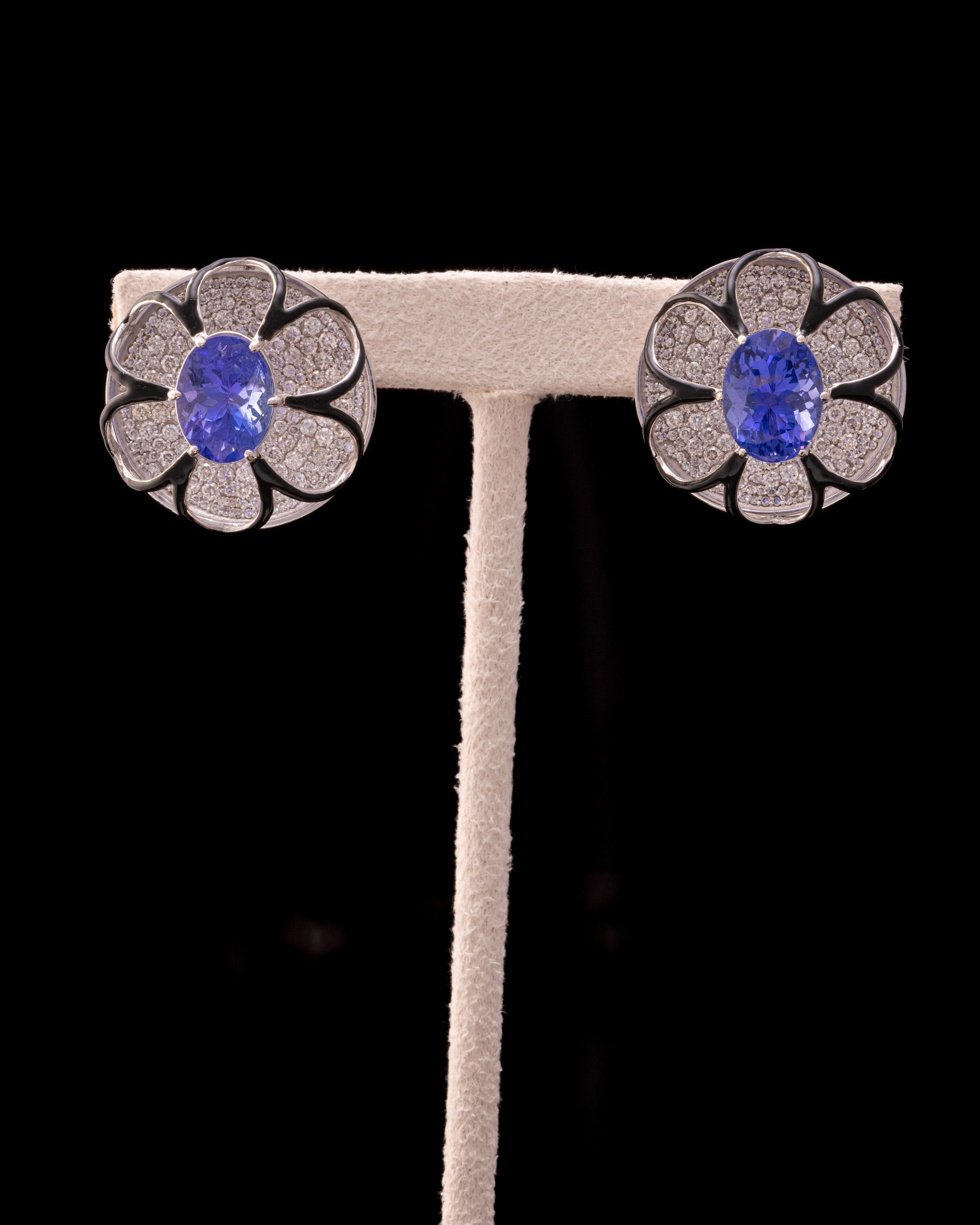 Art Deco 6.01 Carat Tanzanite and Diamond Stud Earrings For Sale