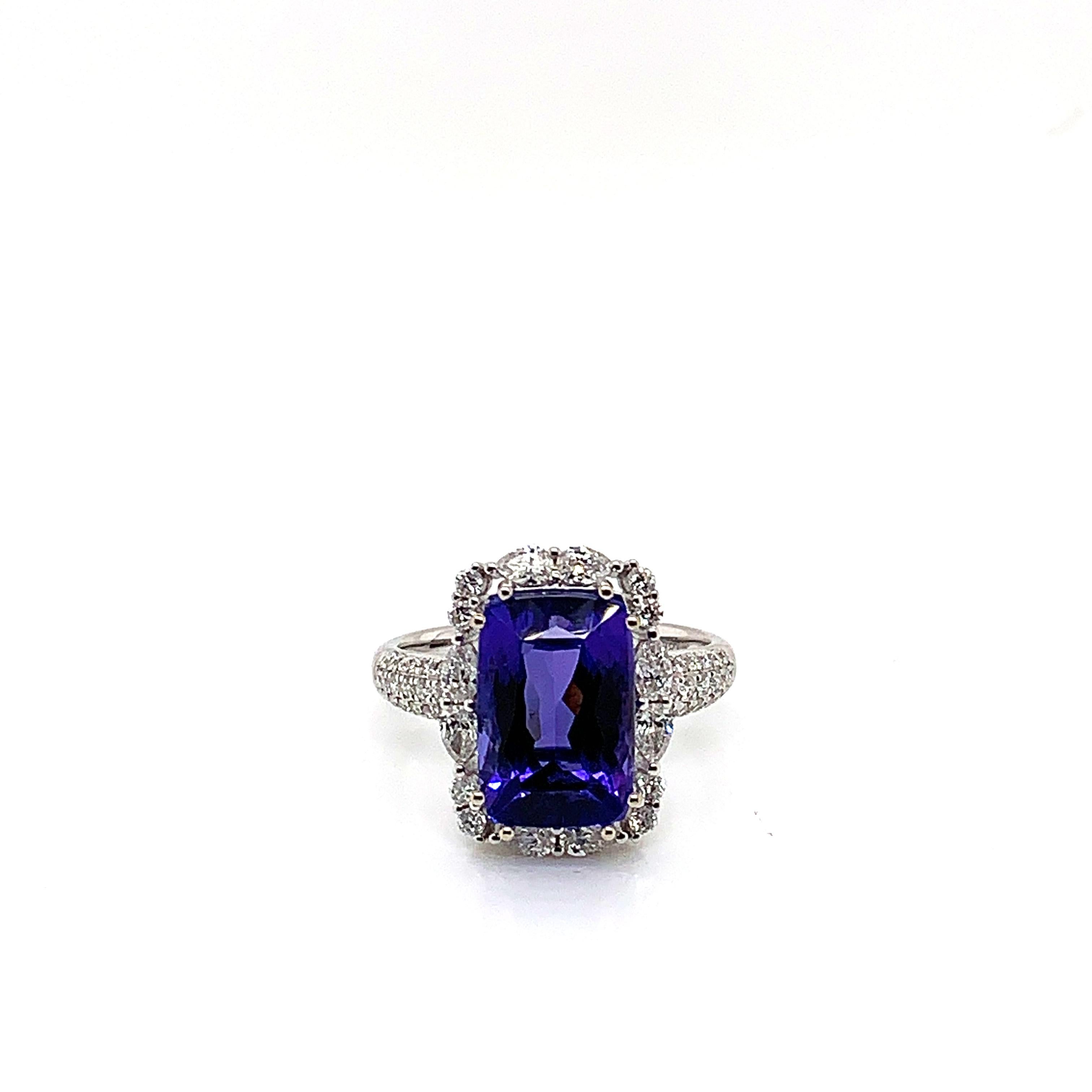 Cushion Cut 6.014 Carat Cushion Shaped Tanzanite Ring in 18 Karat White Gold with Diamonds For Sale