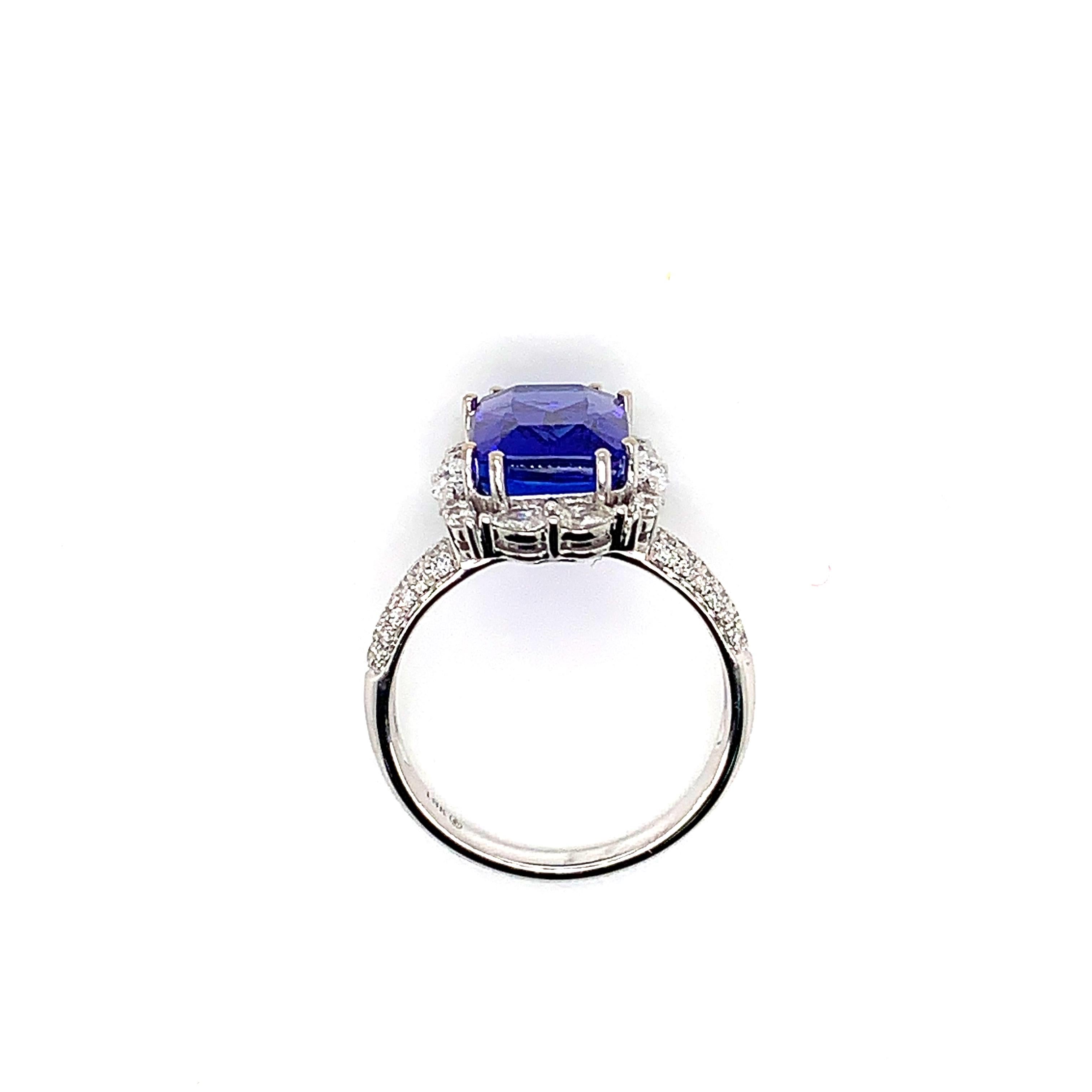 6.014 Carat Cushion Shaped Tanzanite Ring in 18 Karat White Gold with Diamonds In New Condition For Sale In Hong Kong, HK