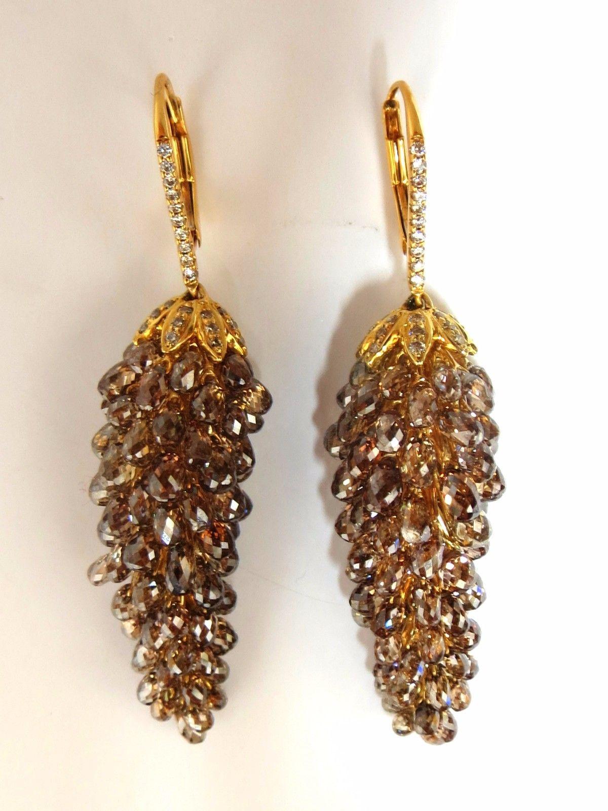 60.15ct Natural Fancy color briolette diamond dangle earrings 18kt grapevine For Sale 1