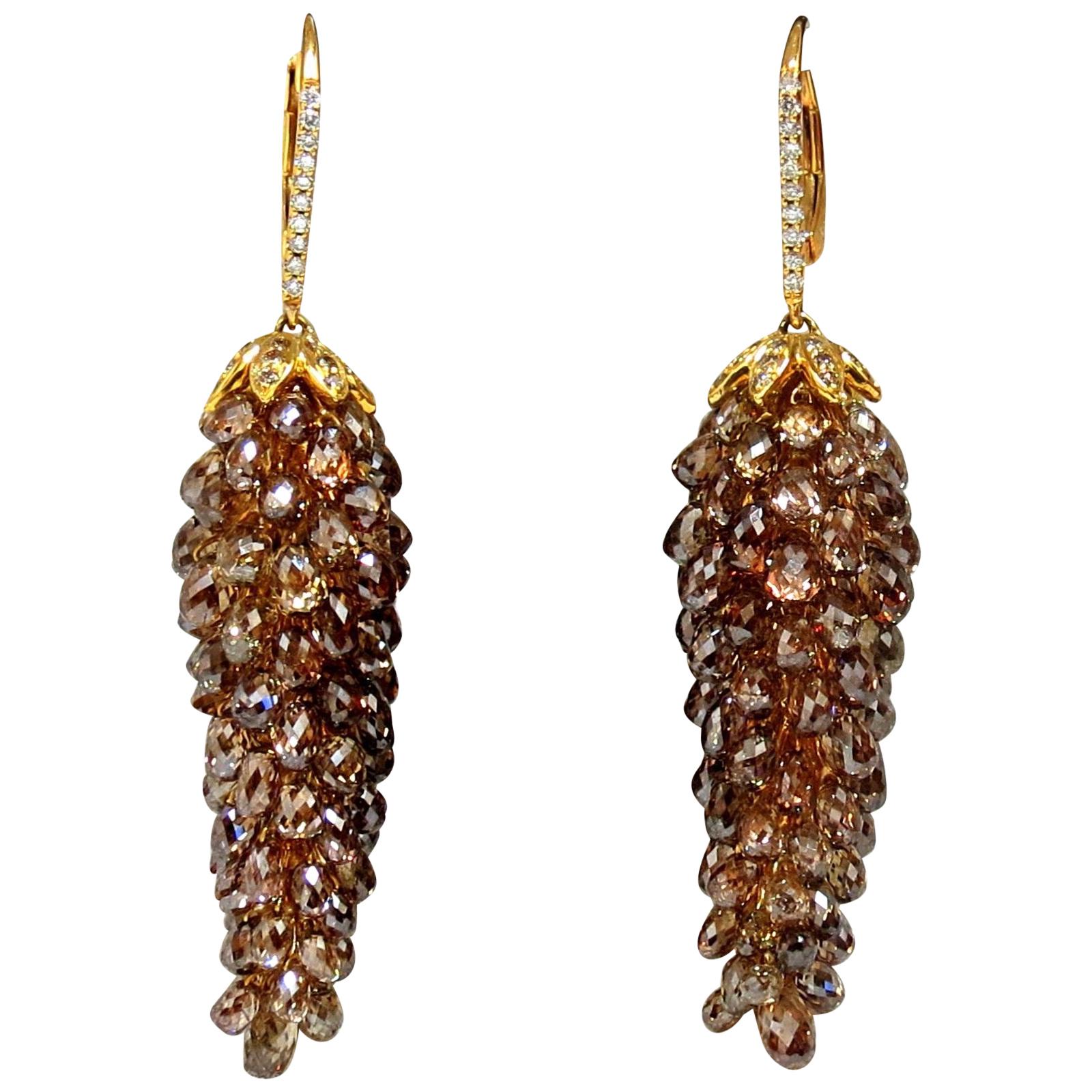60.15ct Natural Fancy color briolette diamond dangle earrings 18kt grapevine For Sale