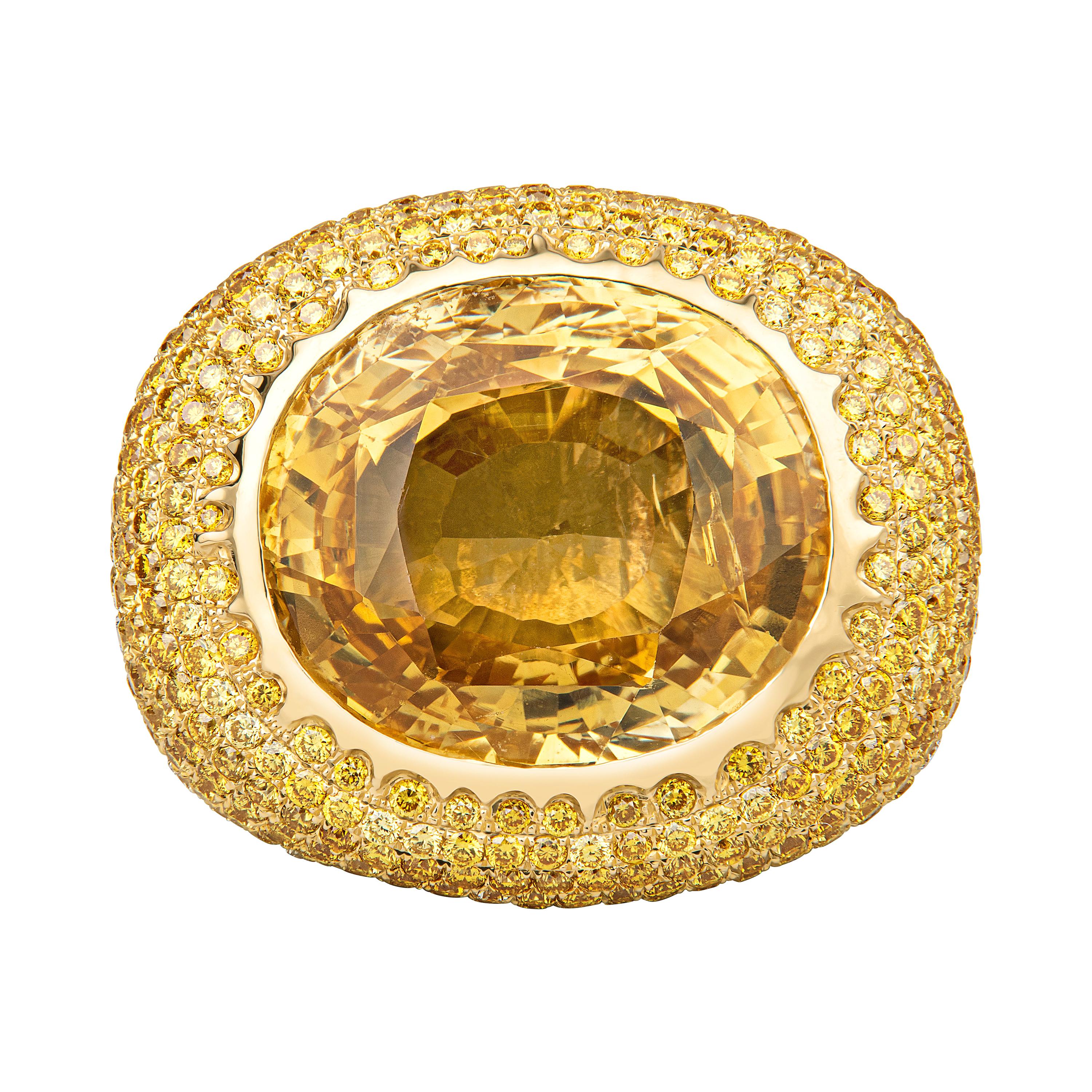 60.15ct Yellow Sapphire w 6.12ctw Yellow Diamonds and 3.34ctw White Diamond Ring For Sale