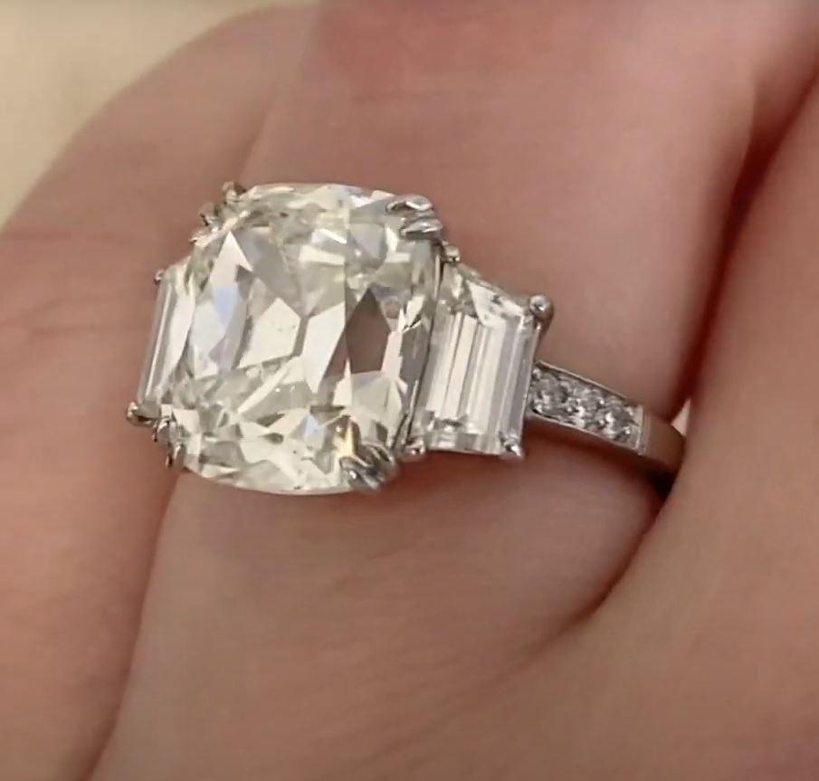 6.01ct Antique Cushion Cut Diamond Engagement Ring, I Color, Platinum For Sale 2
