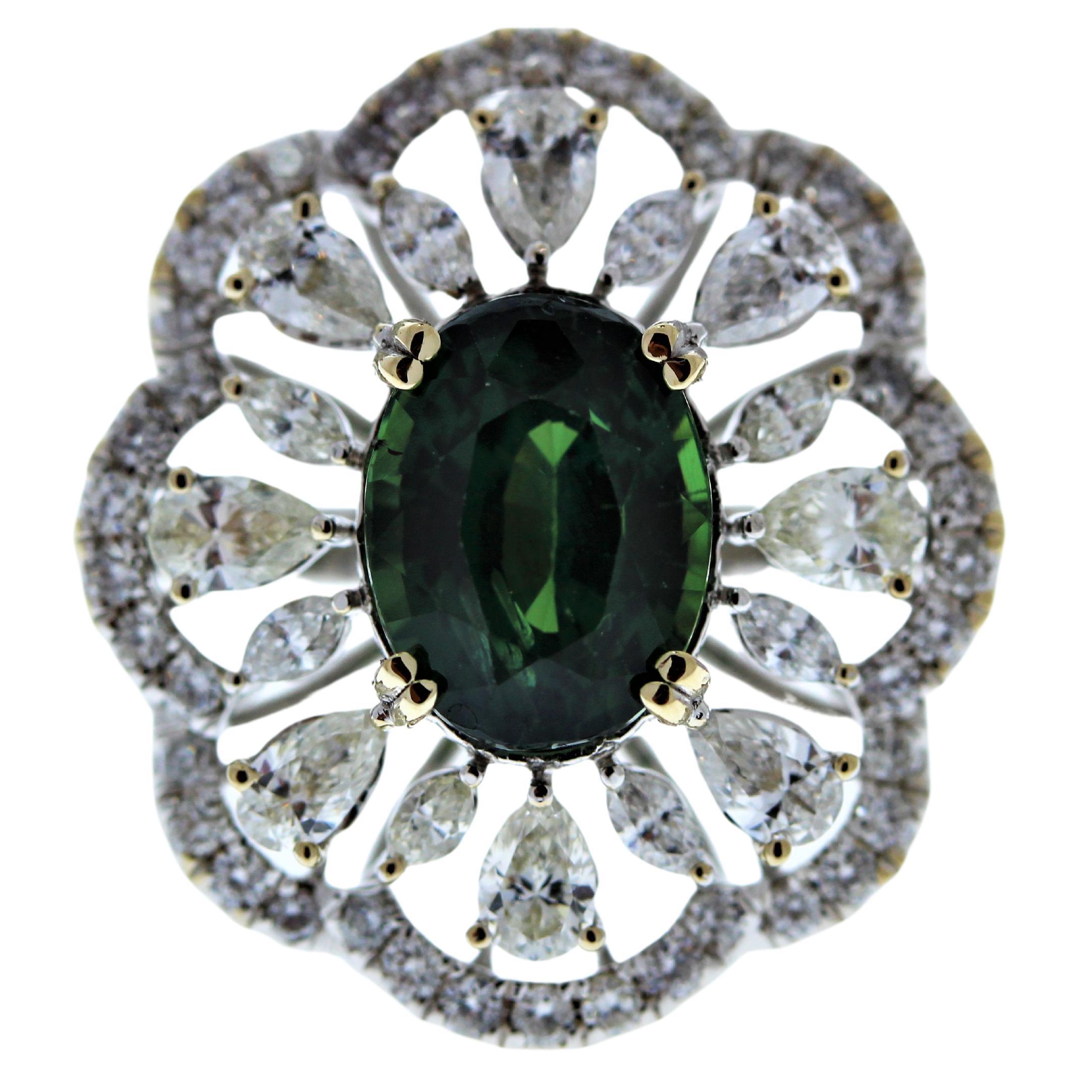 6.01ct Green Sapphire and 2.09ctw Diamond Ring in 14K White Gold For Sale