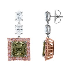 6.02 and 5.64 Carat GIA Fancy Dark Gray Greenish Yellow Diamond Earrings