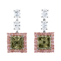 6.02 and 5.64 Carat GIA Fancy Dark Gray Greenish Yellow Diamond Earrings