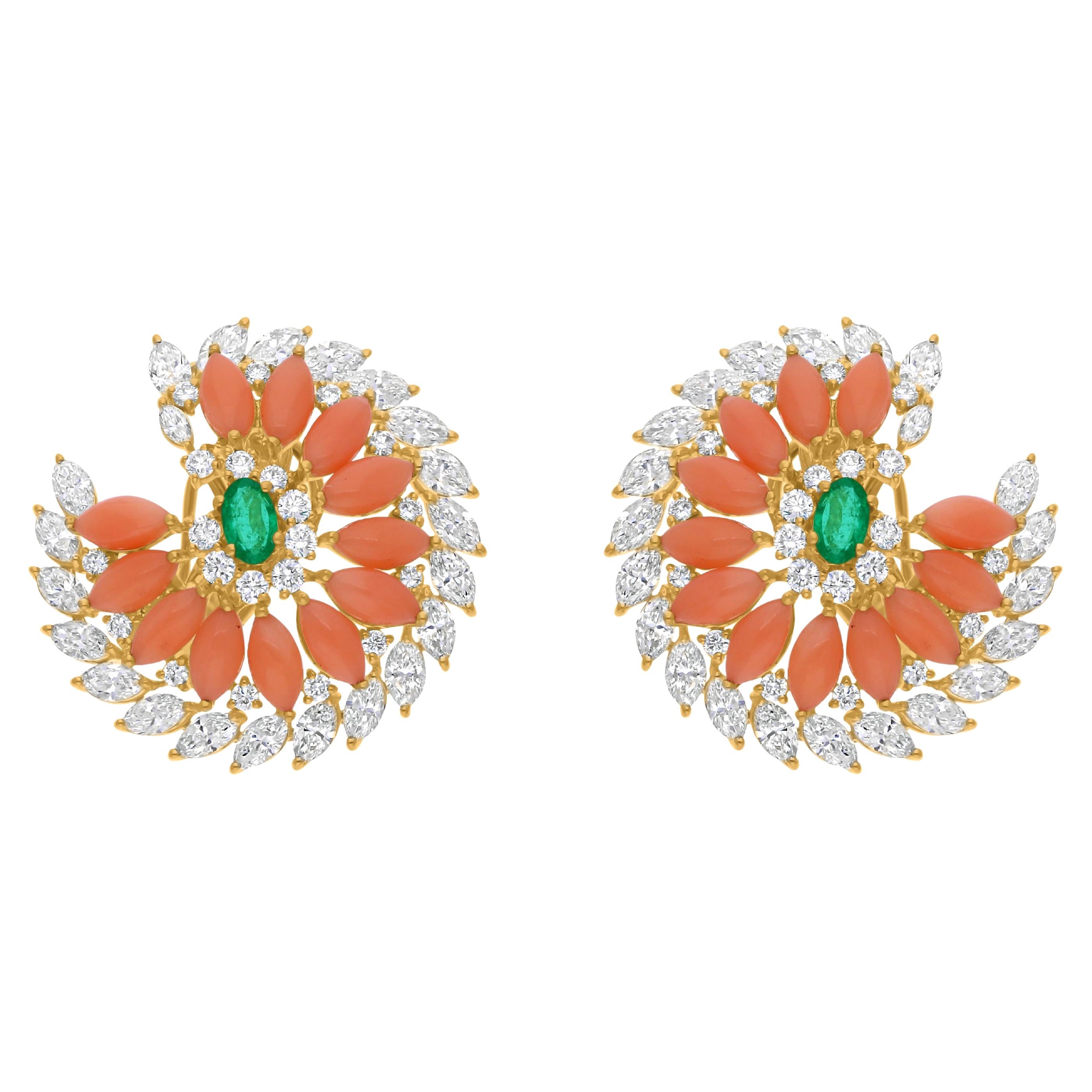 6.02 Carat Coral Emerald 4.62 Carat SI/H Diamond 14k Yellow Gold Earrings