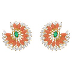 6.02 Carat Coral Emerald 4.62 Carat SI/H Diamond 14k Yellow Gold Earrings