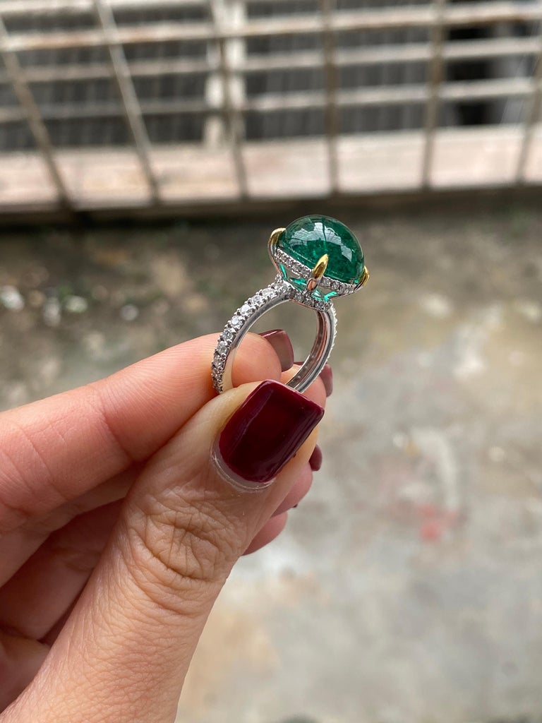 6.02 Carat Emerald Cabochon and Diamond Engagement Ring For Sale at ...