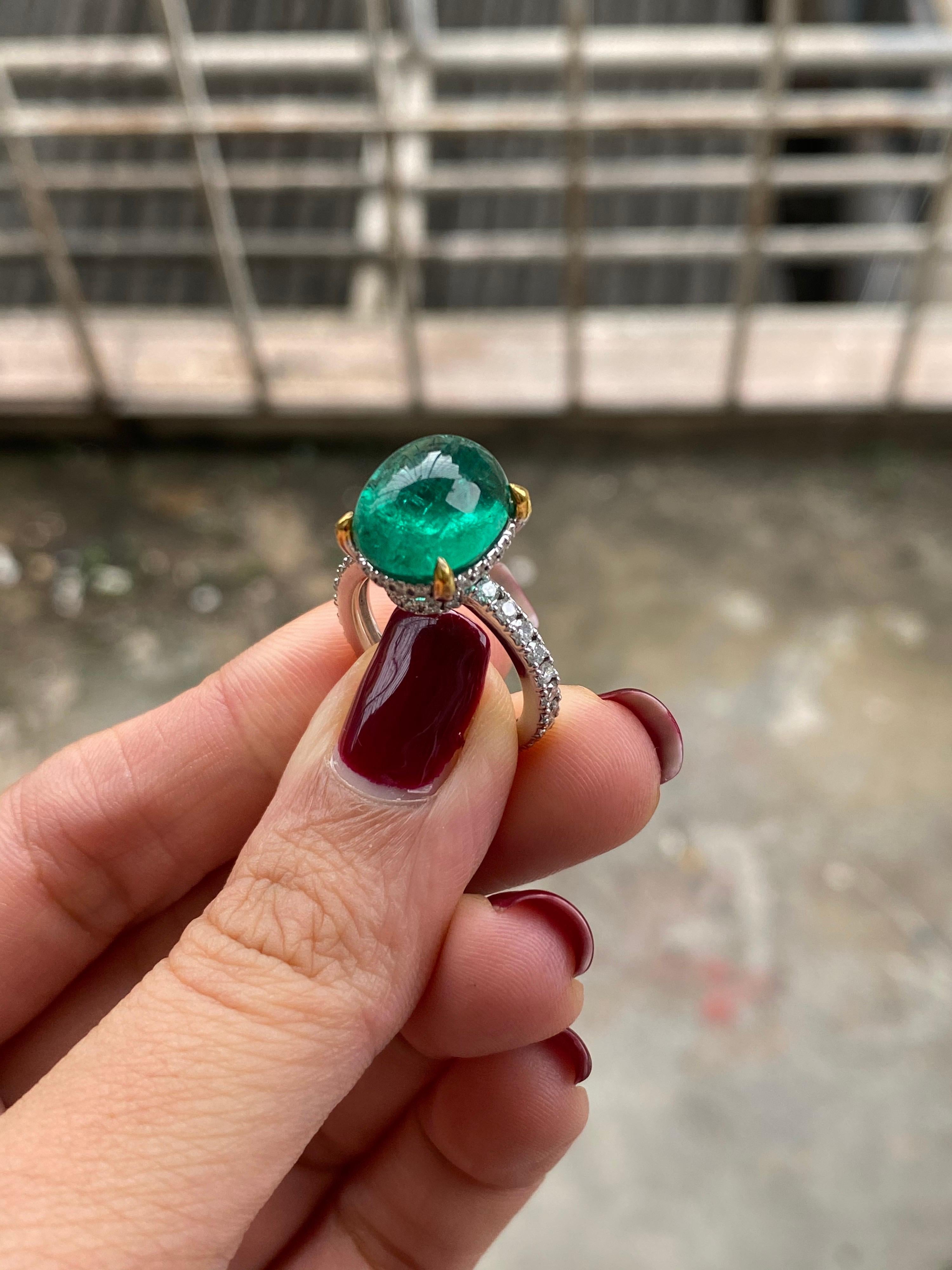 Modern 6.02 Carat Emerald Cabochon and Diamond Engagement Ring For Sale
