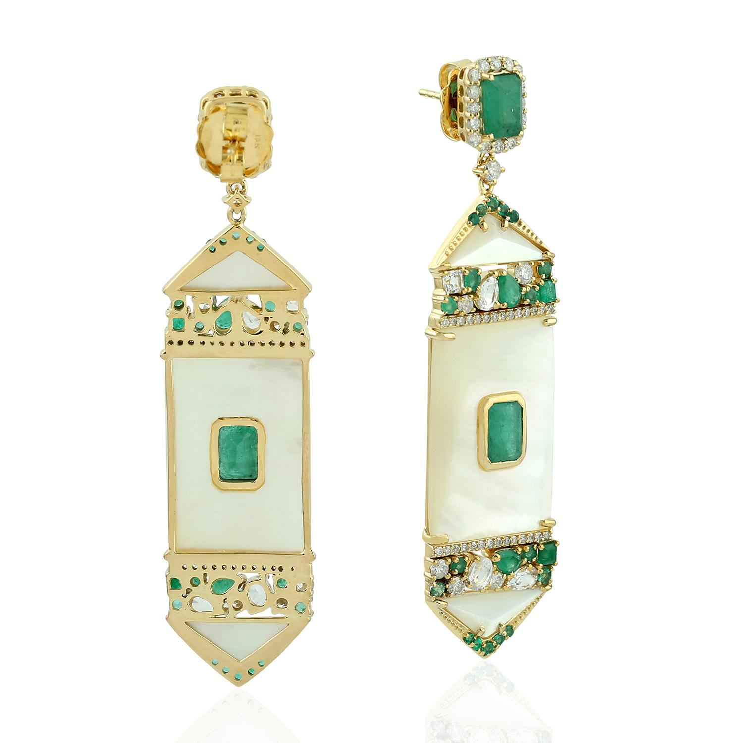 Modern 6.02 Carat Emerald Mother of Pearl Diamond 14 Karat Gold Earrings For Sale