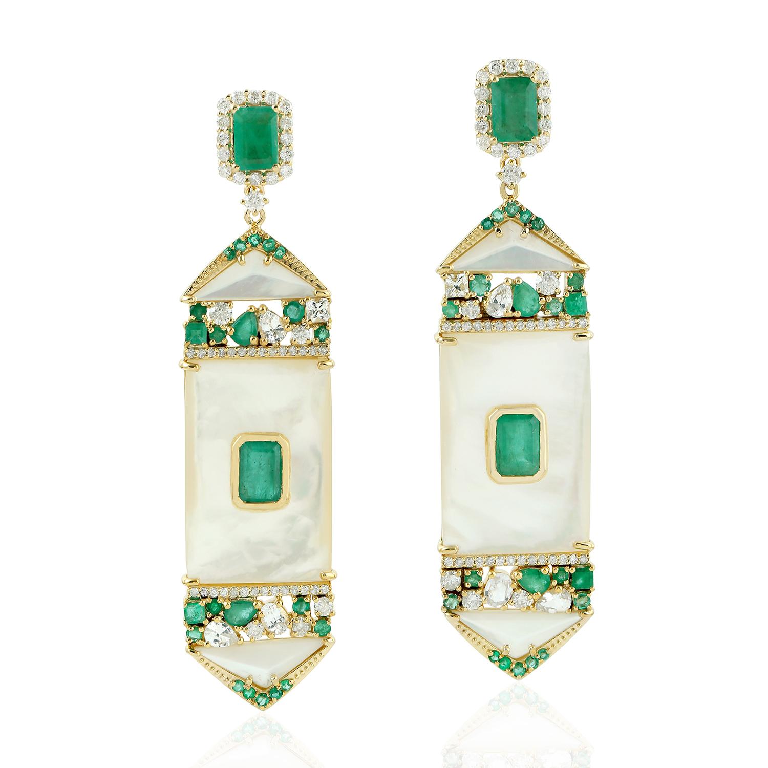 Mixed Cut 6.02 Carat Emerald Mother of Pearl Diamond 14 Karat Gold Earrings For Sale