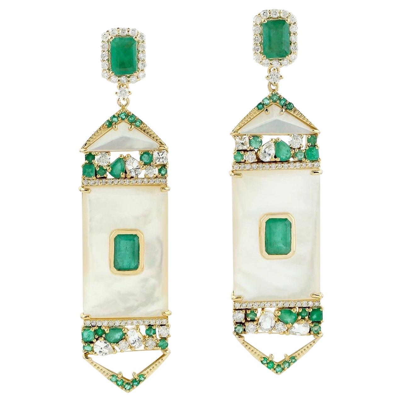 6.02 Carat Emerald Mother of Pearl Diamond 14 Karat Gold Earrings For Sale