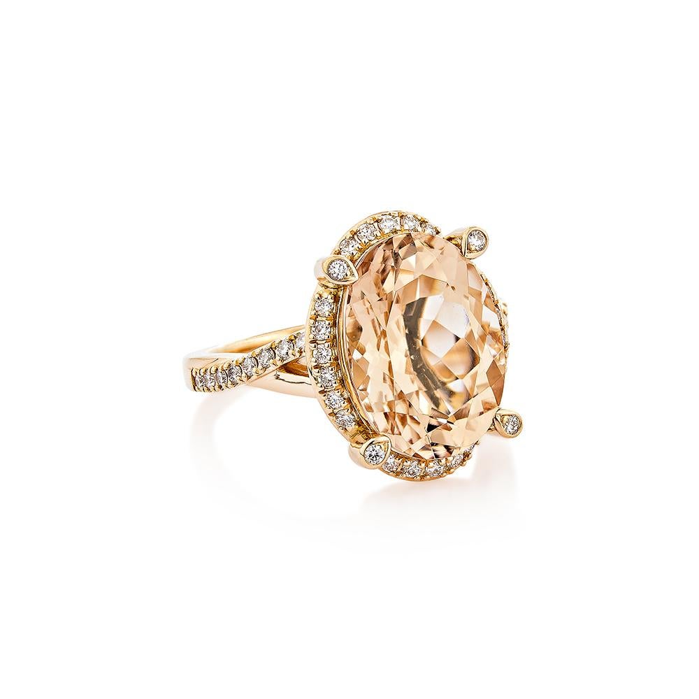 This collection includes a range of Morganite, which is a symbol of love and relationships, making it an excellent choice for a variety of applications. Accented with White Diamonds this ring is made in Rose Gold and present a classic yet elegant