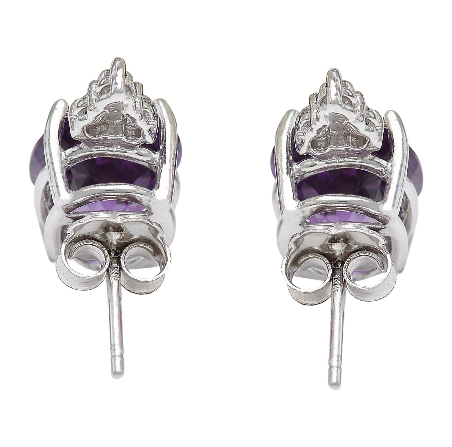 6.02 Carat Natural Amethyst 14 Karat Solid White Gold Diamond Stud Earrings In New Condition For Sale In Los Angeles, CA