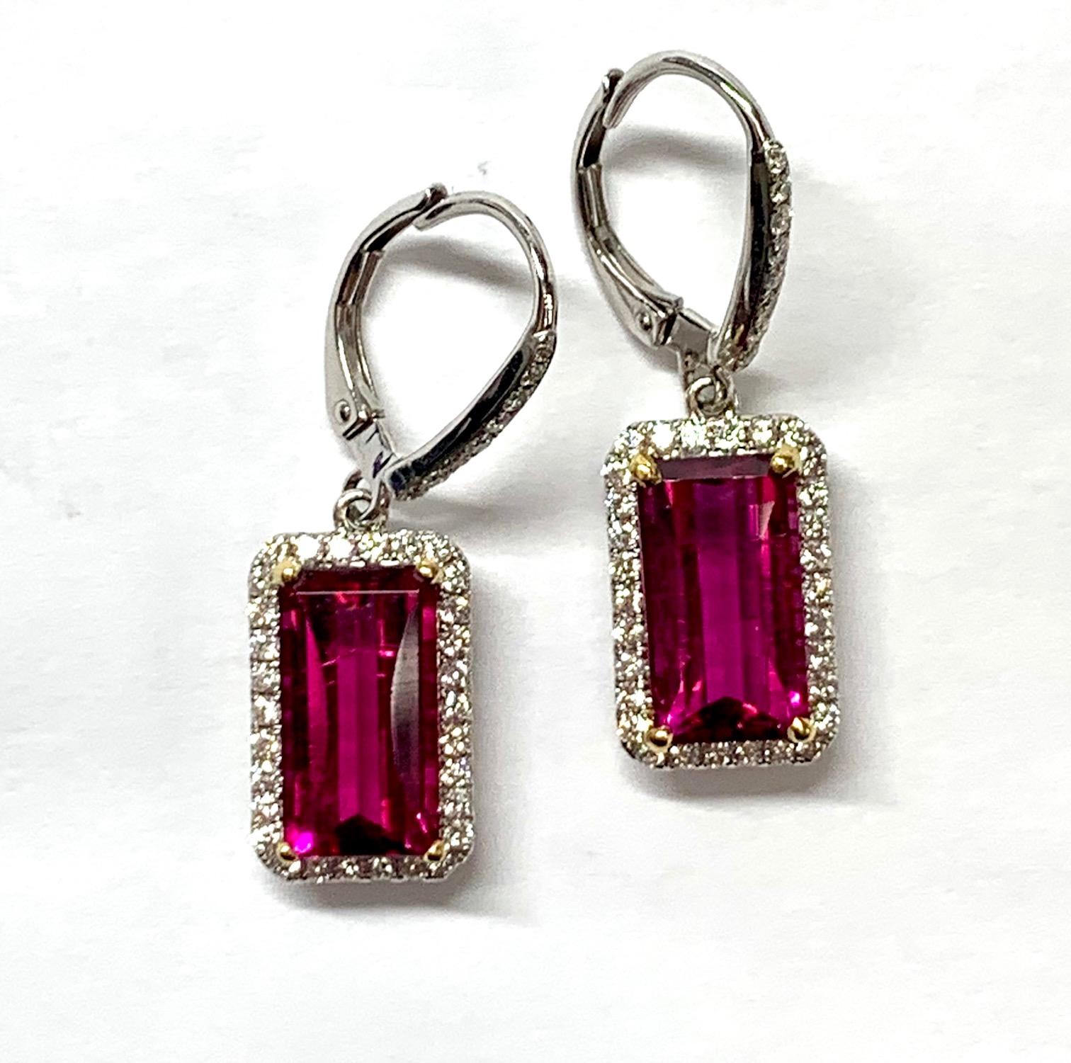 6.02 Ct Rectangluar bar cut Pink Touramline set in 18k white gold earrings surrounded 0.81 carat white Vs diamonds .