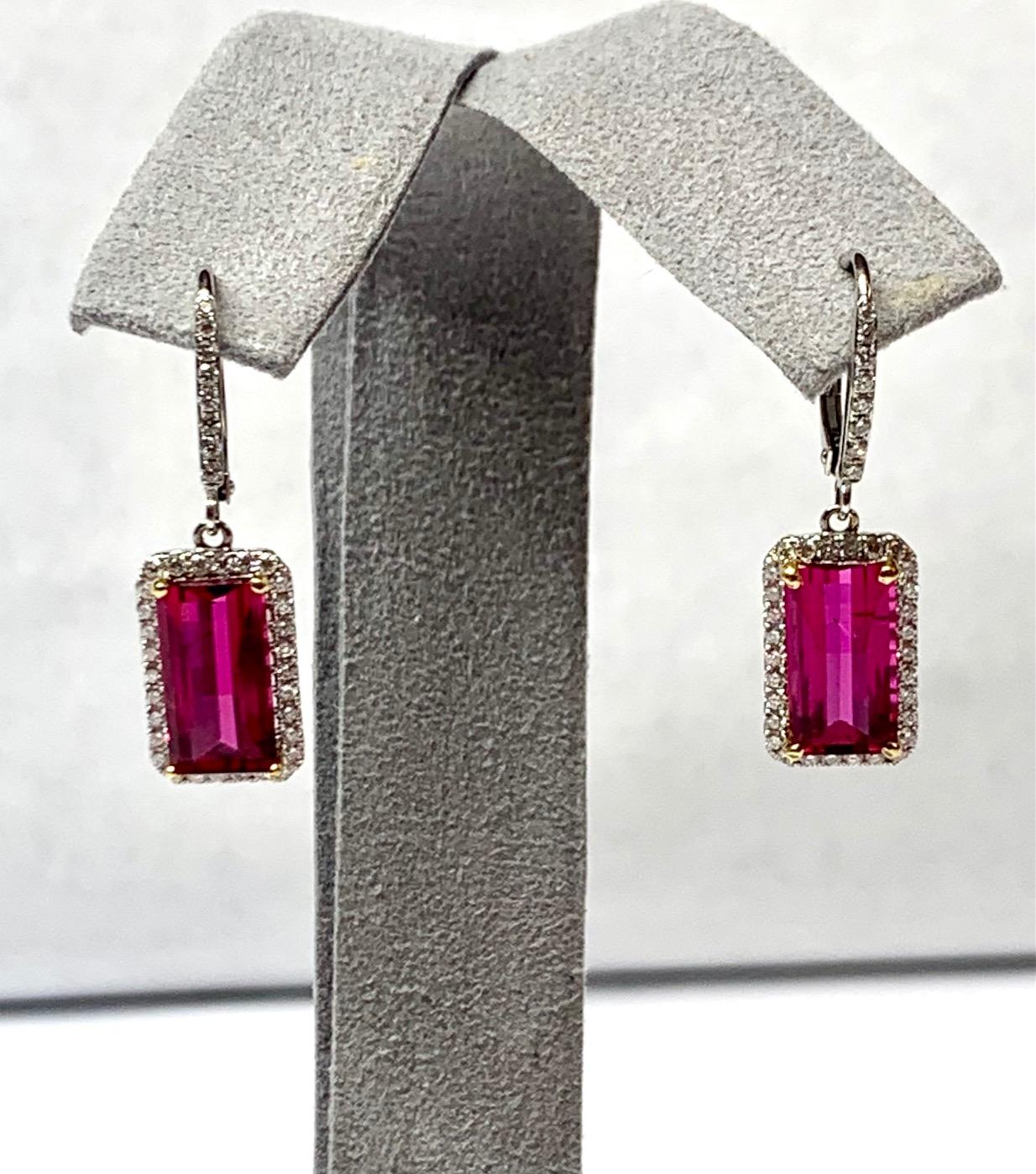 Modern 6.02 Carat Pink Tourmaline Diamond Dangle Earrings For Sale