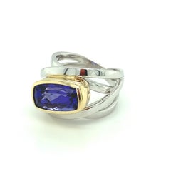6.02 Carat Tanzanite Cushion, Yellow Gold Bezel & While Multi-Band Wrap Ring