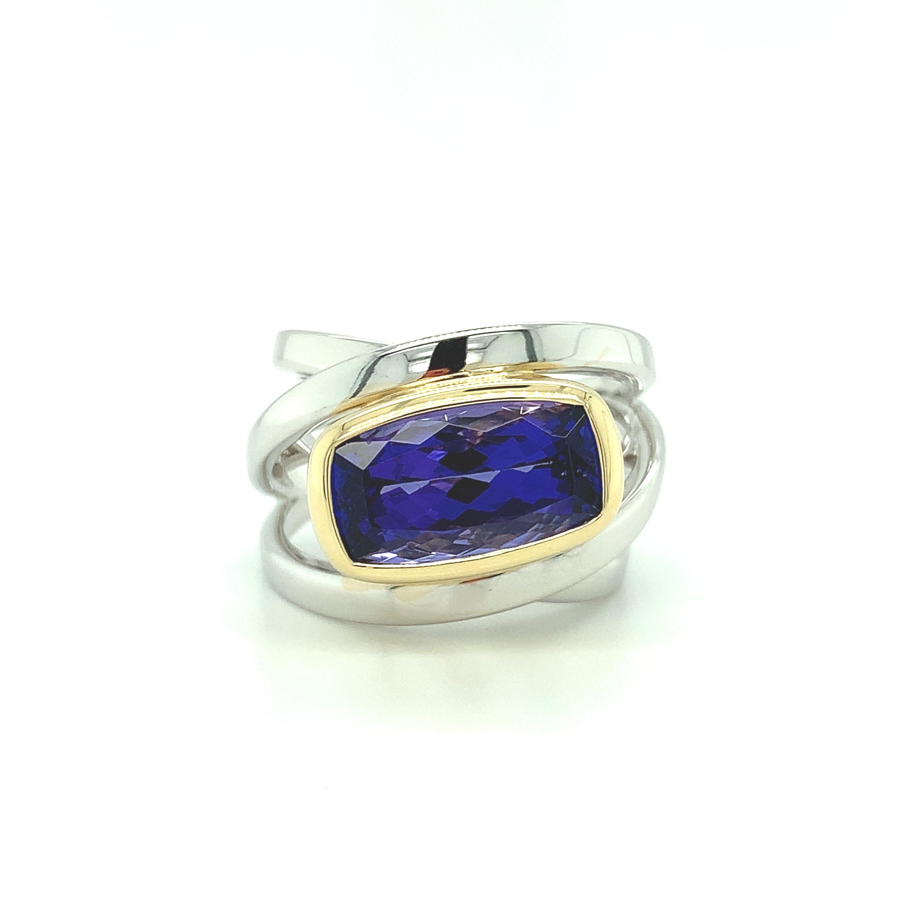 6.02 Carat Tanzanite Cushion, Yellow Gold Bezel & While Multi-Band Wrap Ring In New Condition In Los Angeles, CA