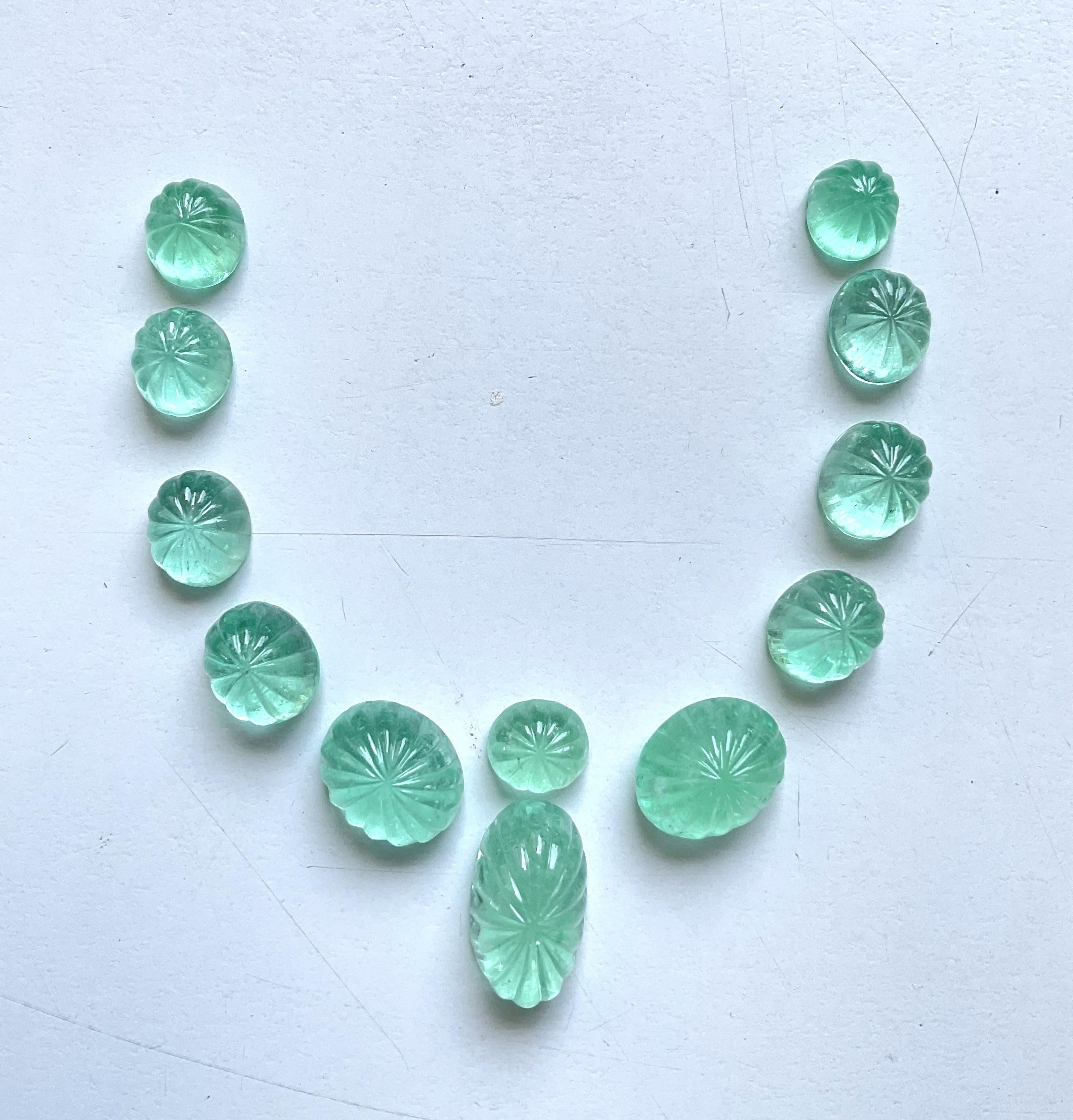 60.23 Carats Top Colombian Emerald Carved Cabochon For Jewelry Natural Gems
Gemstone - Emerald
Weight - 60.23 carats
Shape - Carved Cabochon
Quantity - 12 Pieces