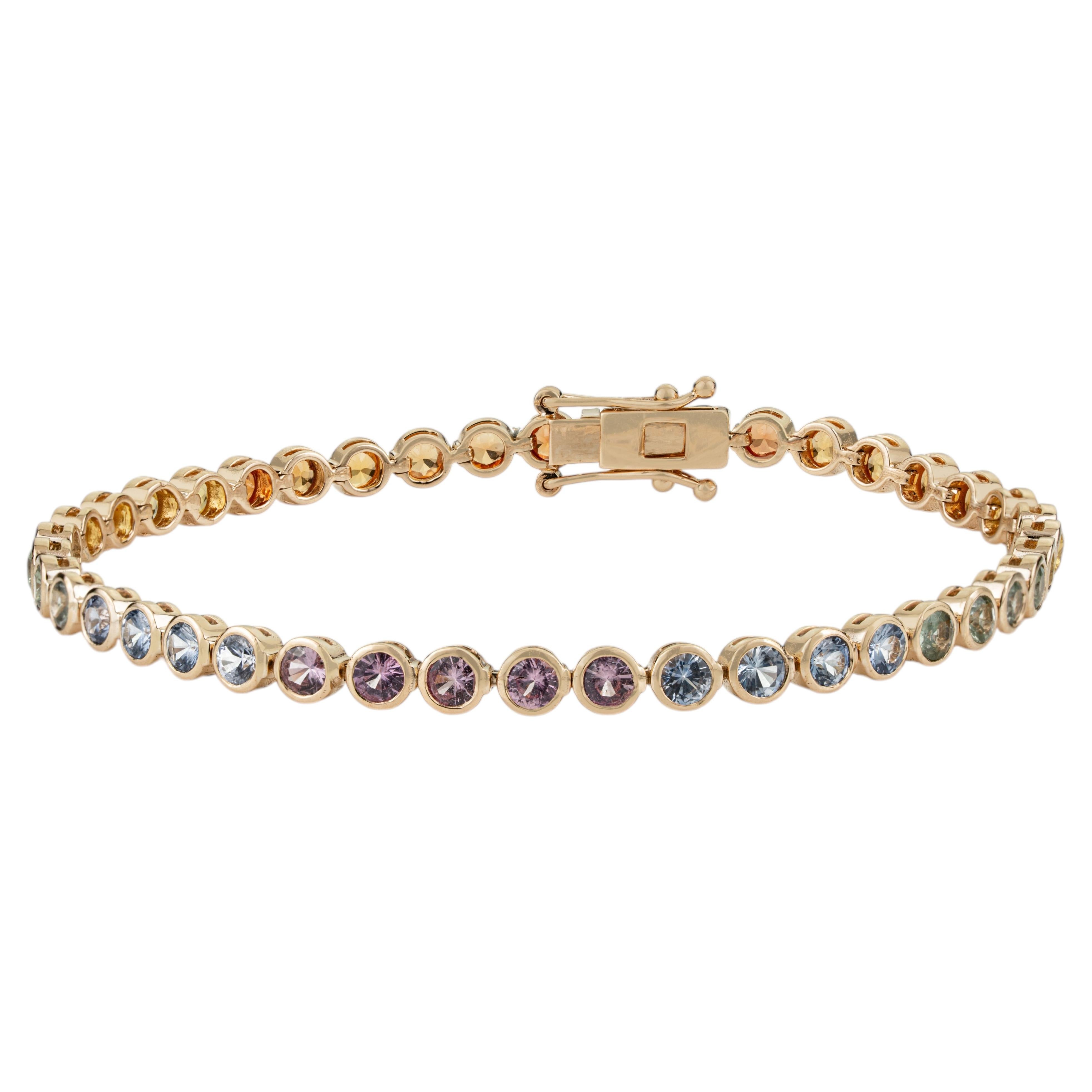 6,02ct Rundschliff Multi Saphir Lünette-Set Tennis-Armband in 14K Gelbgold