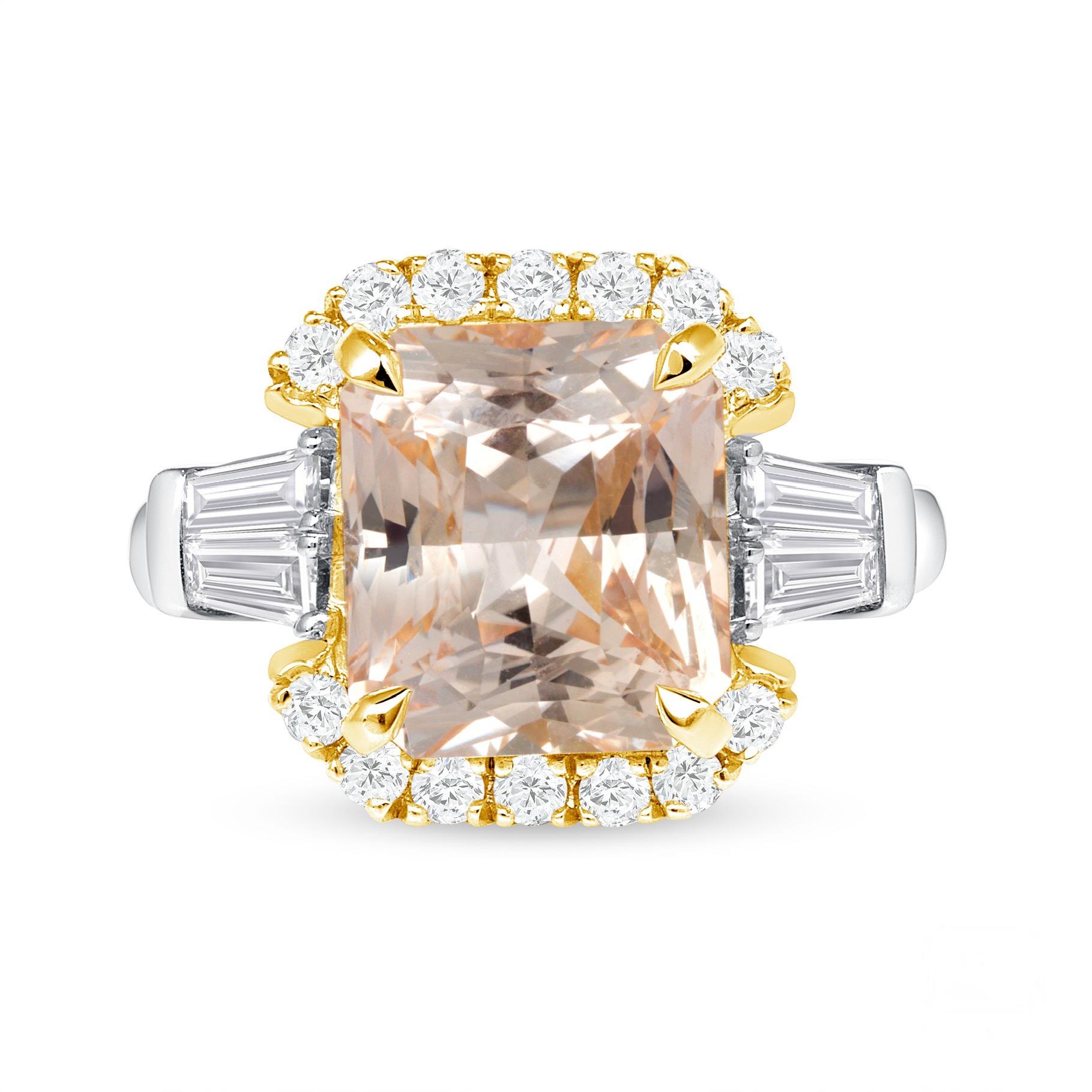 Radiant Cut 6.02ct, untreated radiant-cut Peach Sapphire ring in platinum.  For Sale