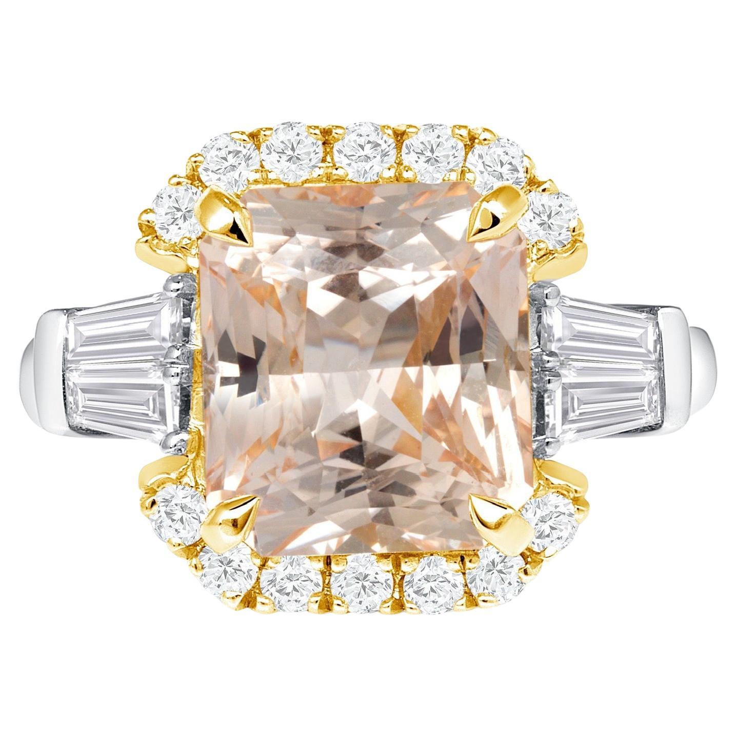6.02ct, untreated radiant-cut Peach Sapphire ring in platinum.  For Sale